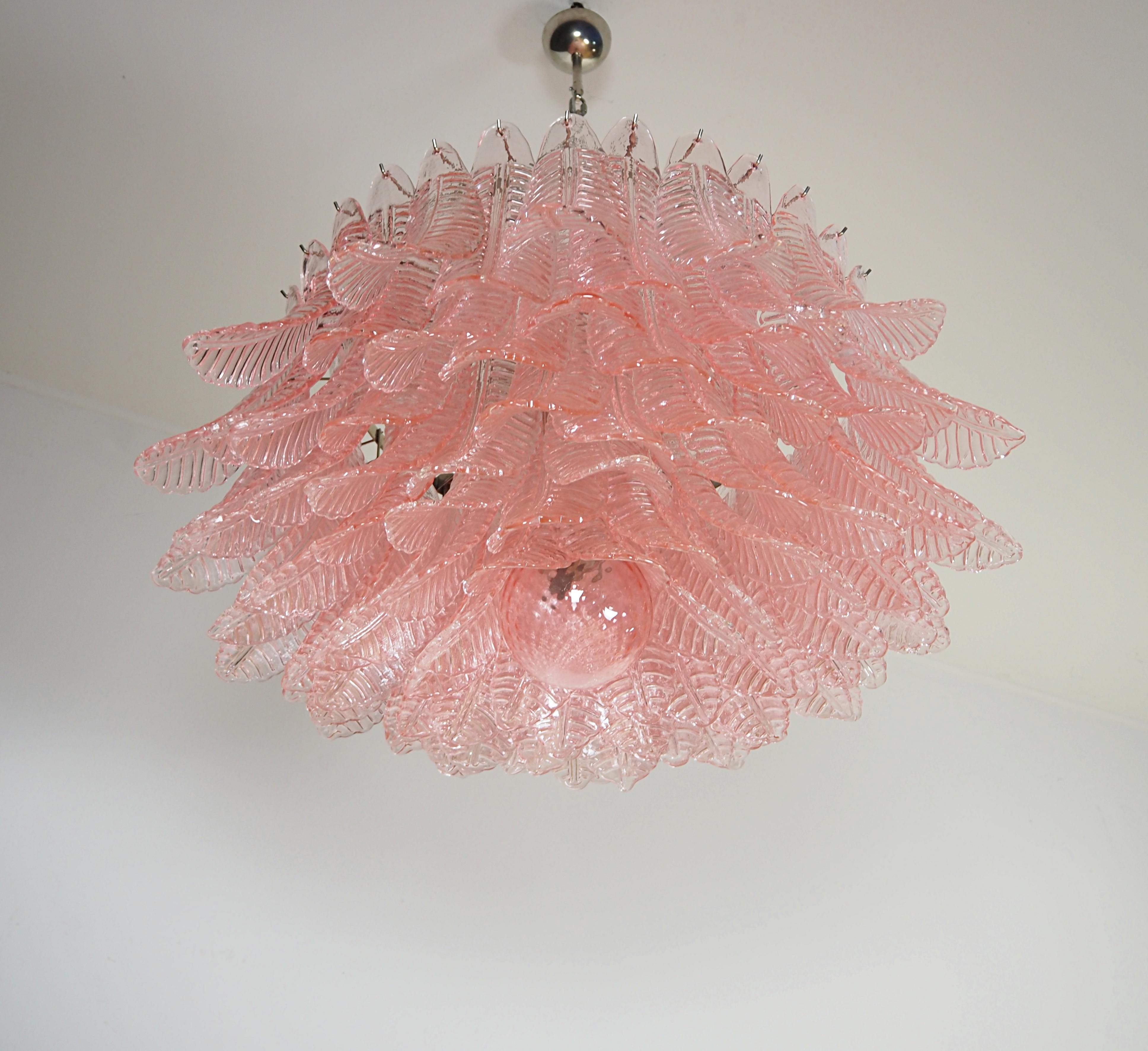 Pair Italian Pink Glass Ceiling Light Chandeliers, Murano, 1990 For Sale 3