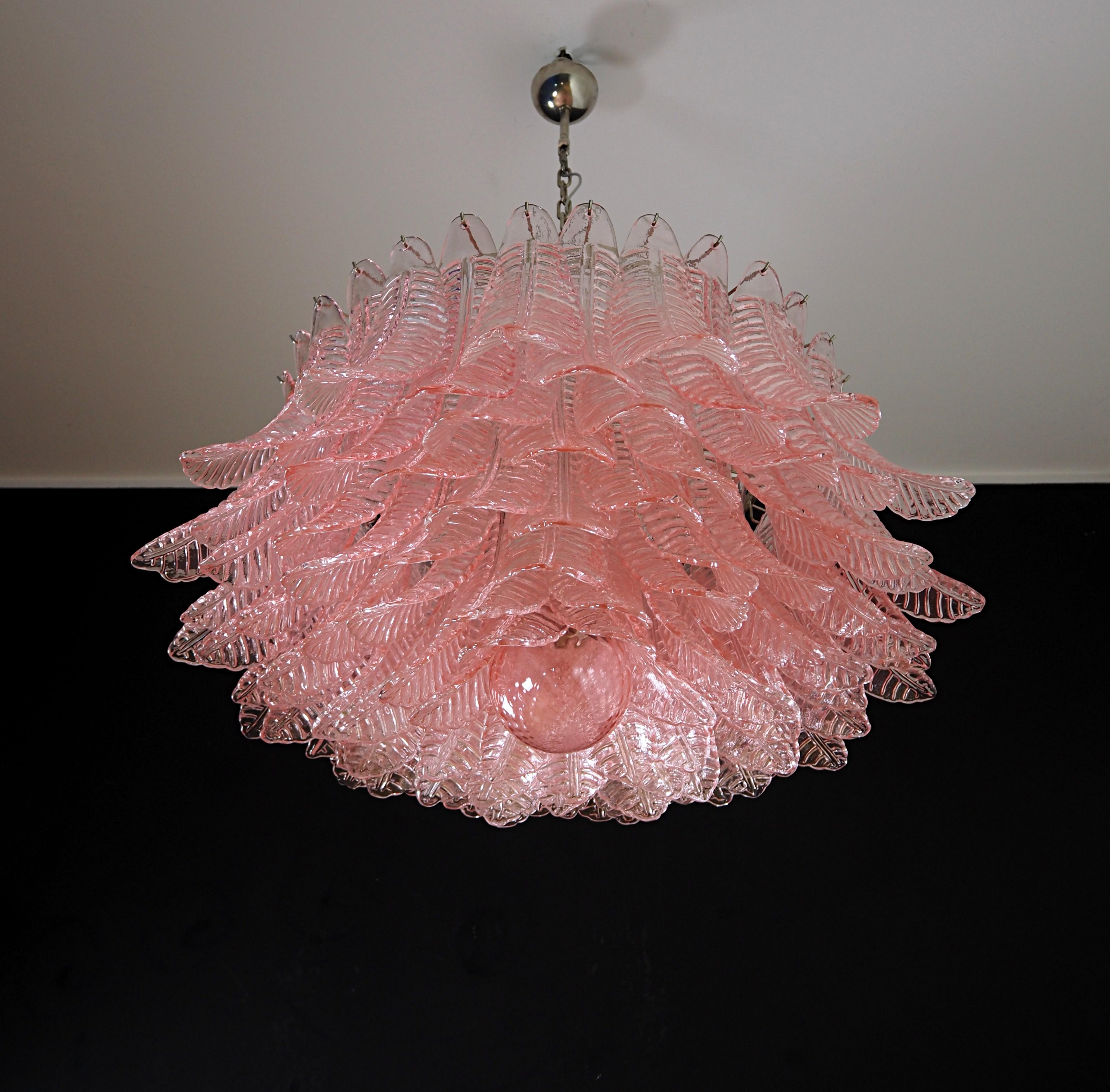 Pair Italian Pink Glass Ceiling Light Chandeliers, Murano, 1990 For Sale 4