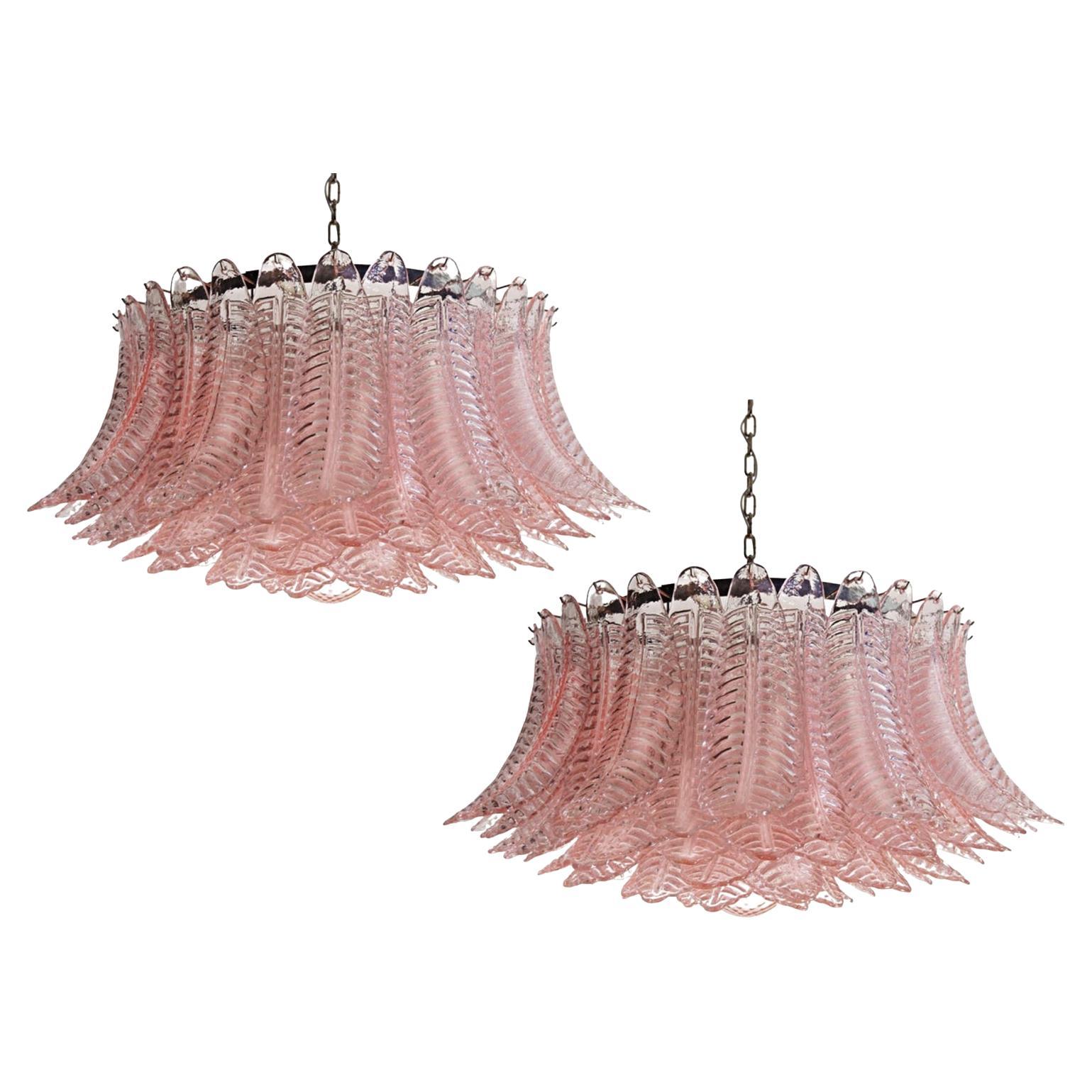 Pair Italian Pink Glass Ceiling Light Chandeliers, Murano, 1990