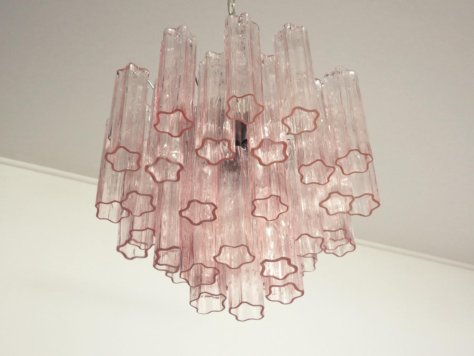 Pair of Italian 36 Pink Glass Tube Chandeliers, Murano, 1970s For Sale 8