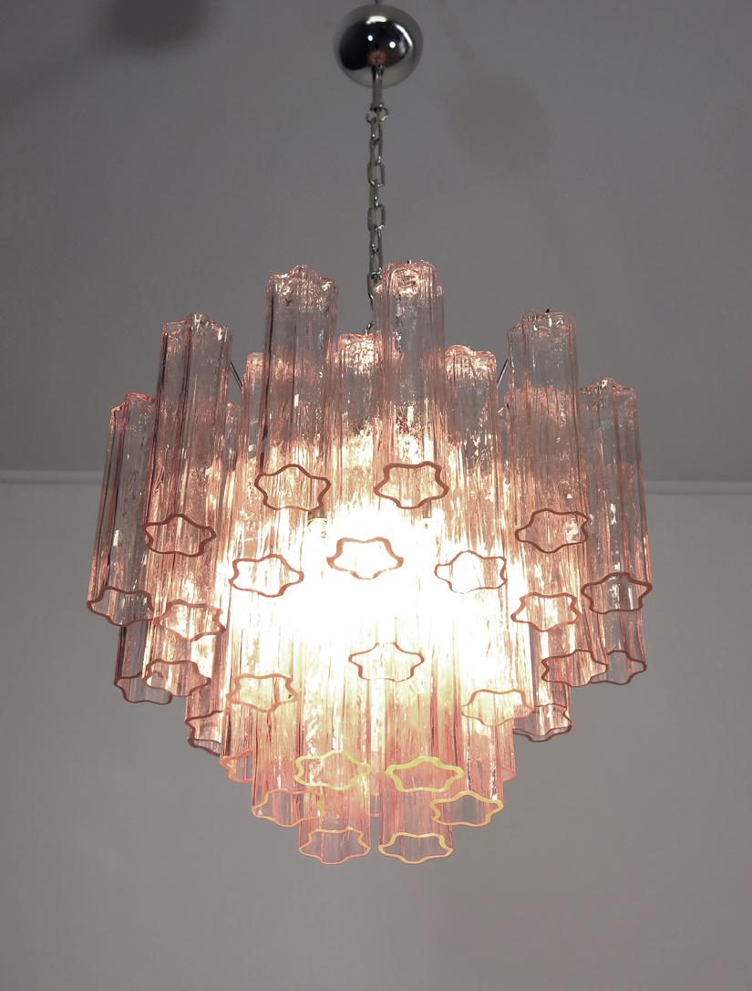 Pair of Italian 36 Pink Glass Tube Chandeliers, Murano, 1970s For Sale 10