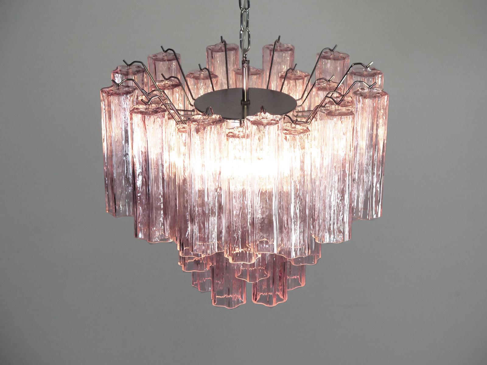Pair of Italian 36 Pink Glass Tube Chandeliers, Murano, 1970s For Sale 11