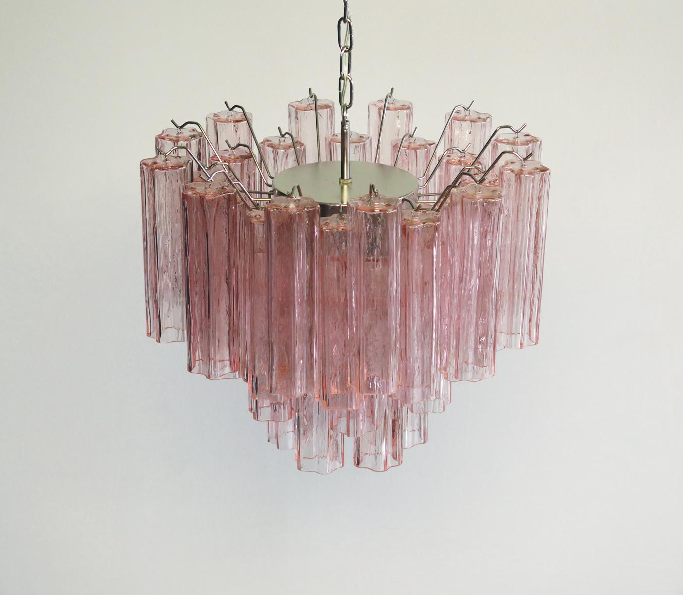 Metal Pair of Italian 36 Pink Glass Tube Chandeliers, Murano, 1970s For Sale
