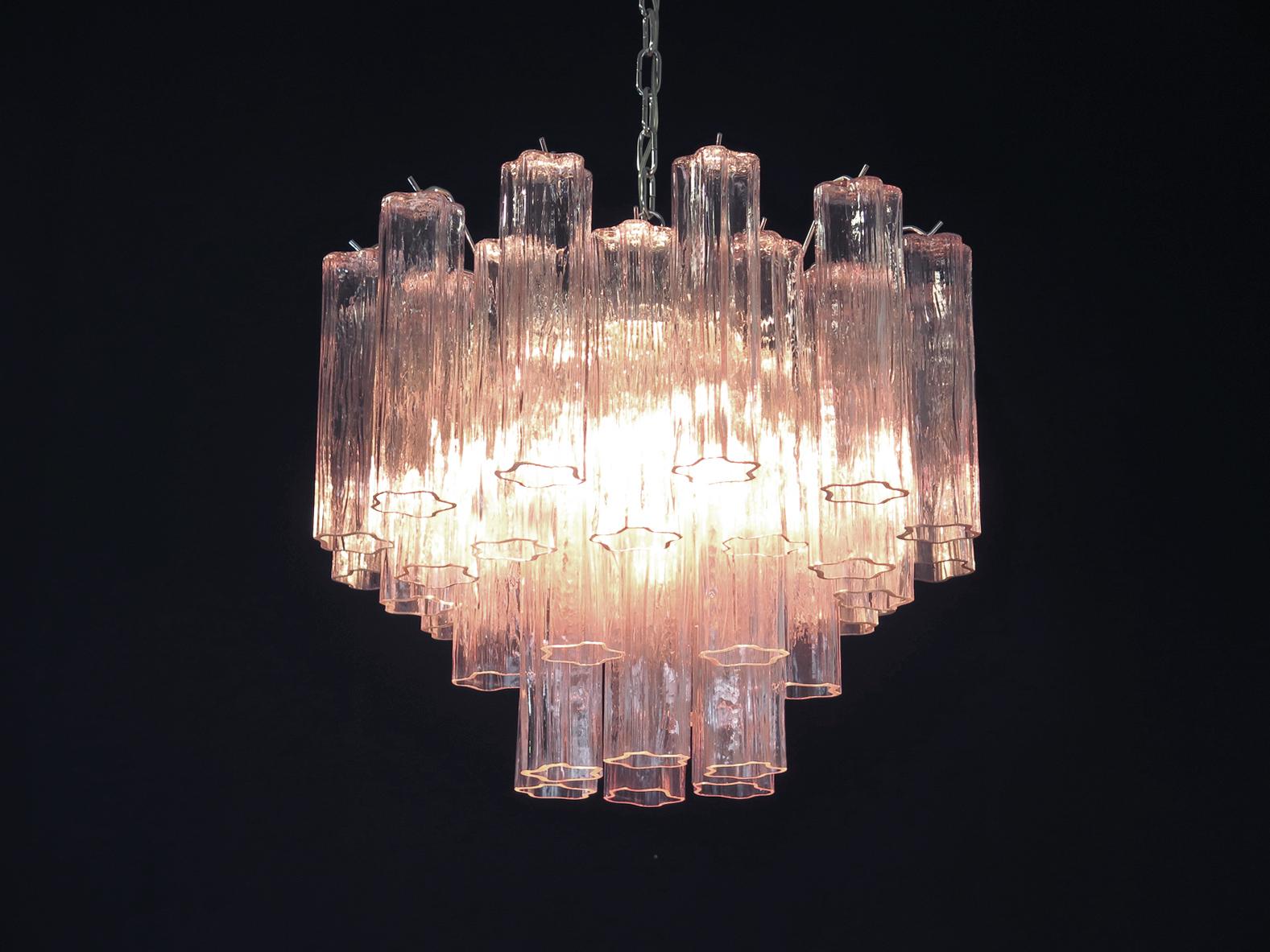 Pair of Italian 36 Pink Glass Tube Chandeliers, Murano, 1970s For Sale 1