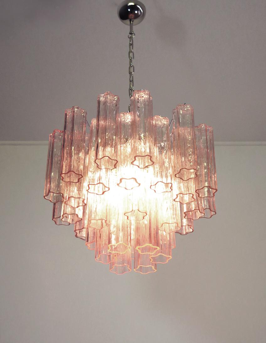 Pair of Italian 36 Pink Glass Tube Chandeliers, Murano, 1970s For Sale 3