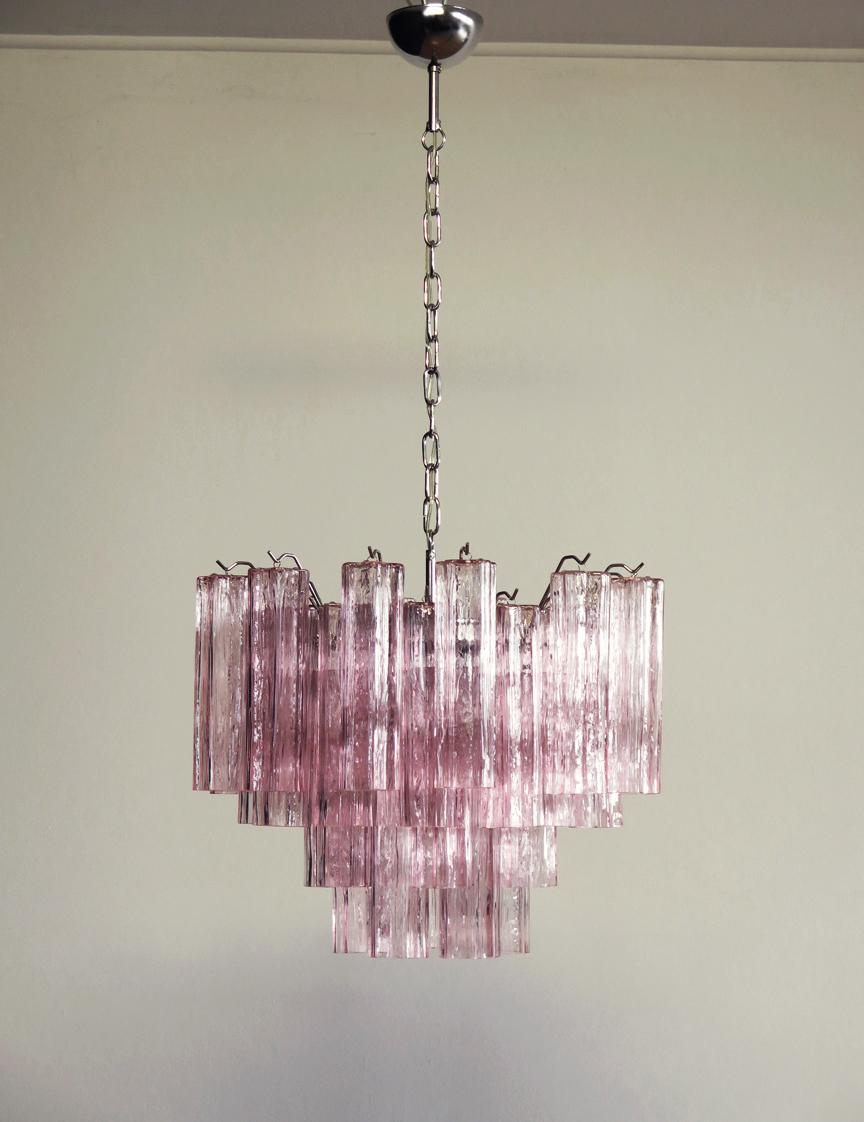 Pair of Italian 36 Pink Glass Tube Chandeliers, Murano, 1970s For Sale 4