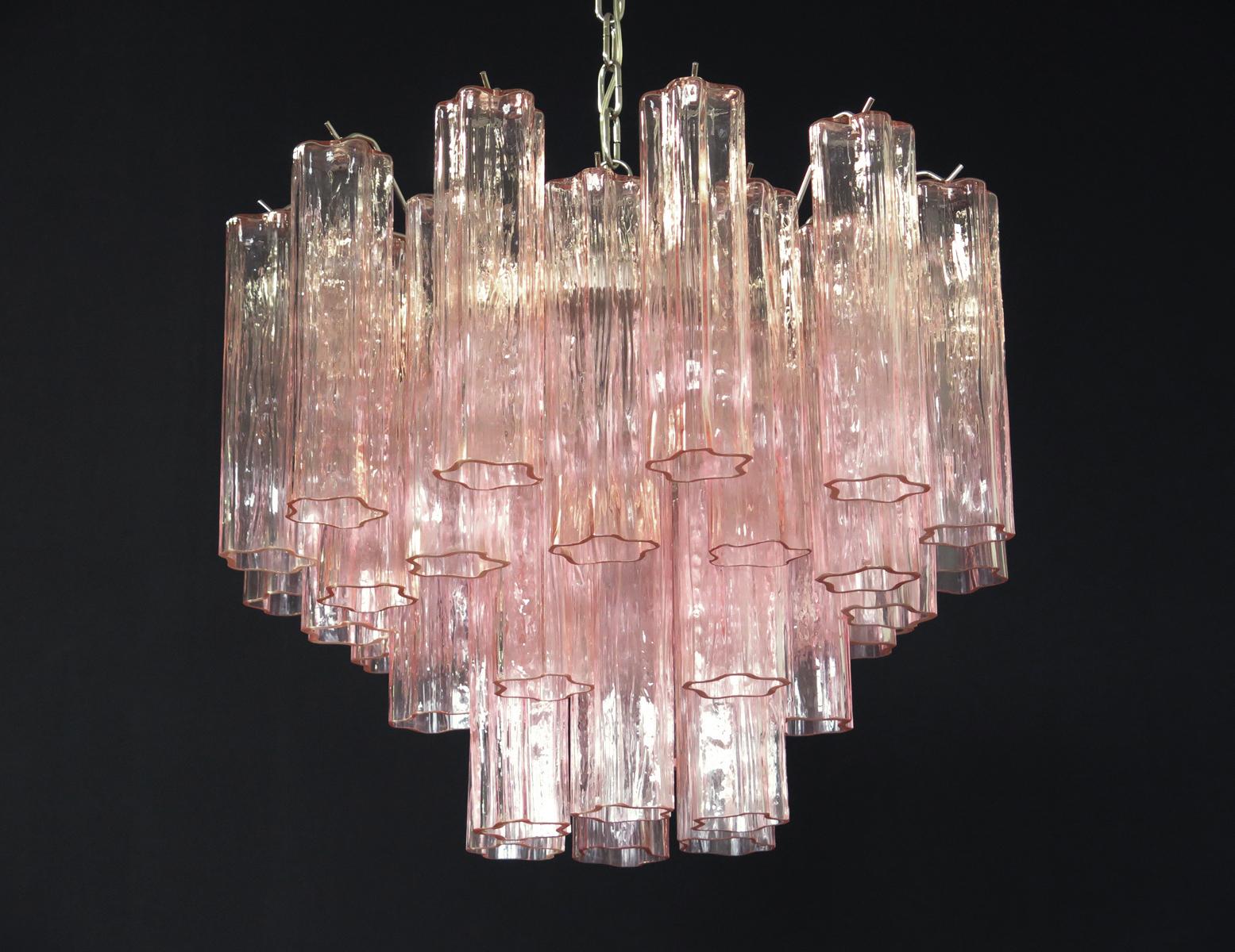 Pair of Italian 36 Pink Glass Tube Chandeliers, Murano, 1970s For Sale 6