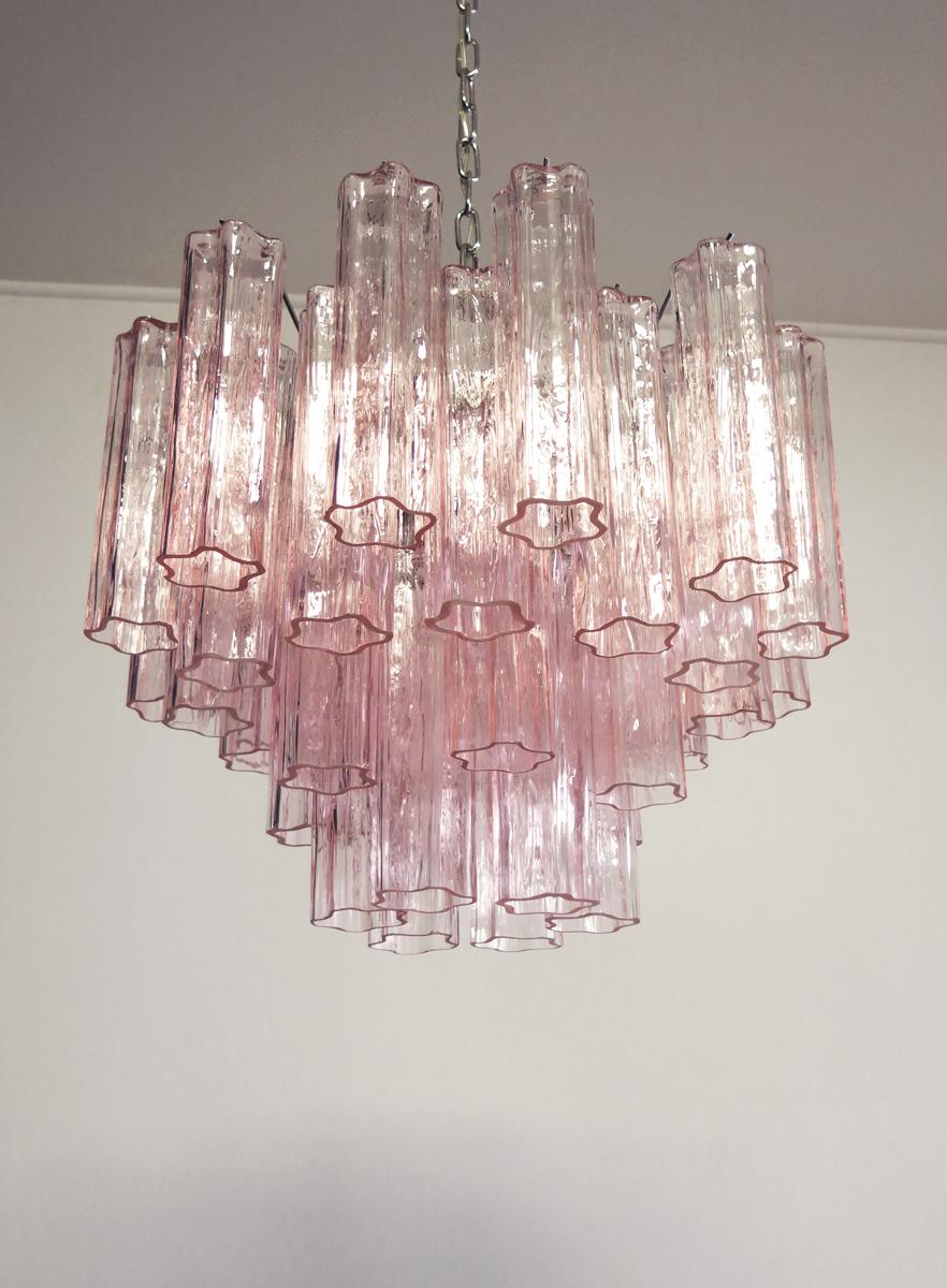 Pair of Italian 36 Pink Glass Tube Chandeliers, Murano, 1970s For Sale 7