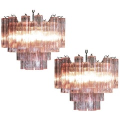 Vintage Pair of Italian 36 Pink Glass Tube Chandeliers, Murano, 1970s