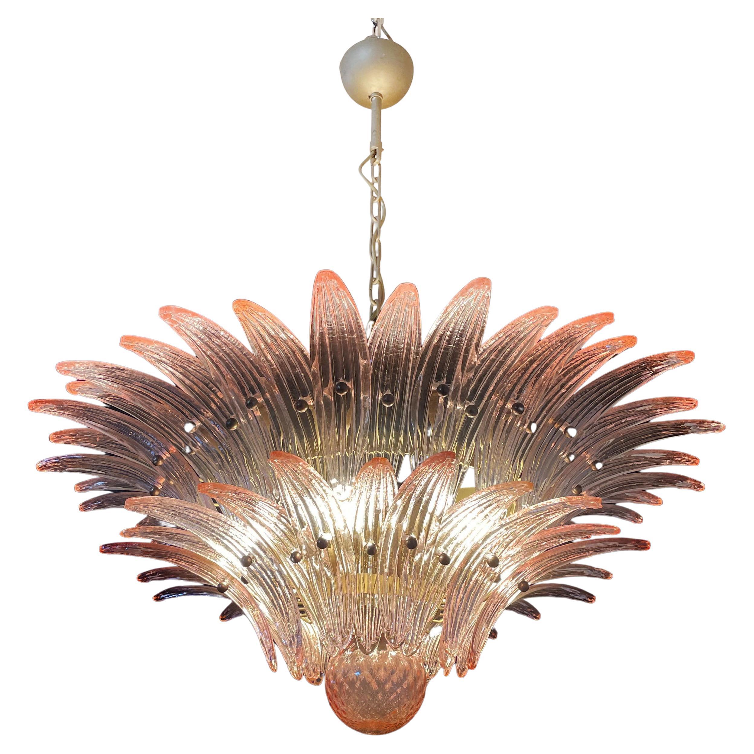 Pair Italian Pink Leaves Chandeliers, Murano For Sale 1