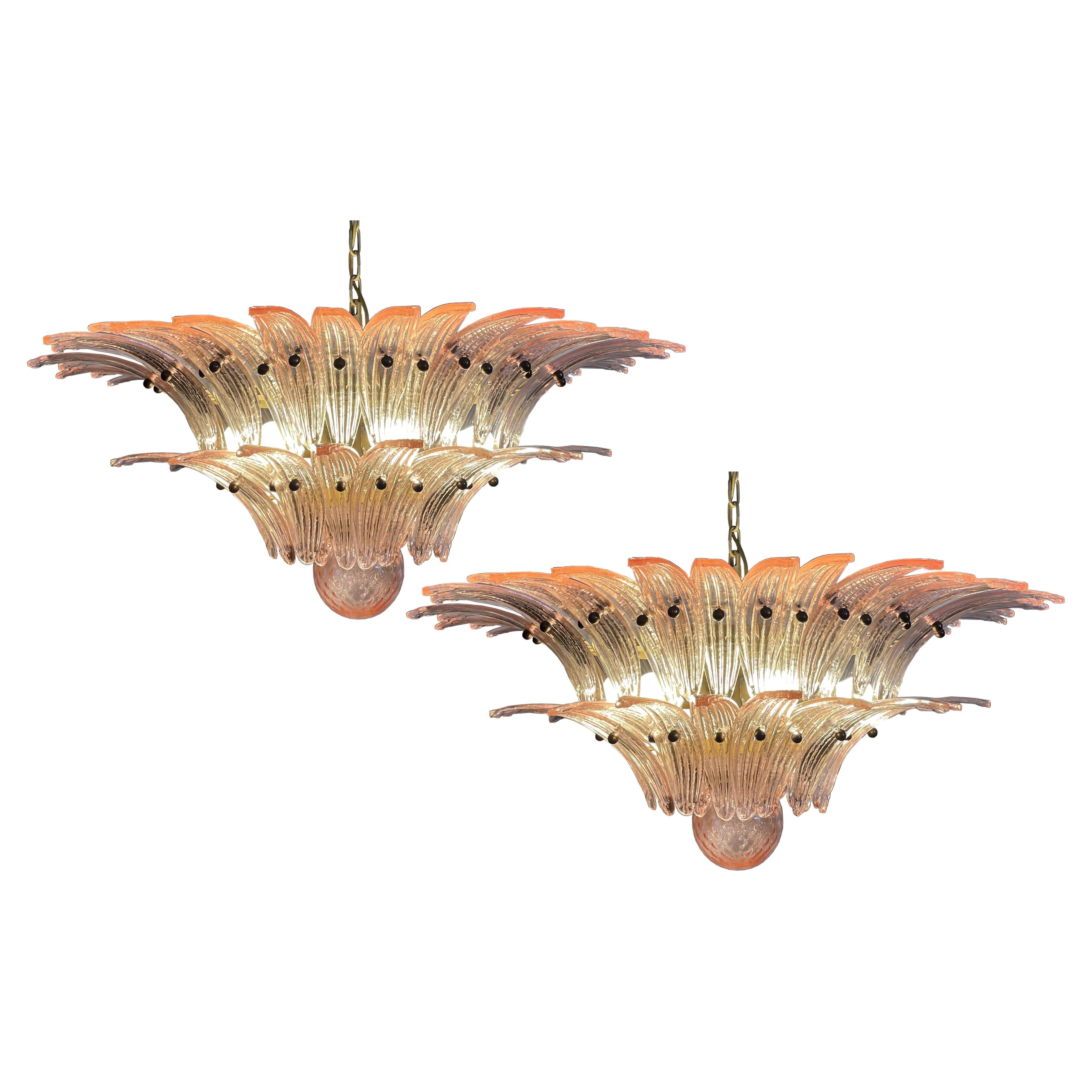 Pair Italian Pink Leaves Chandeliers, Murano For Sale
