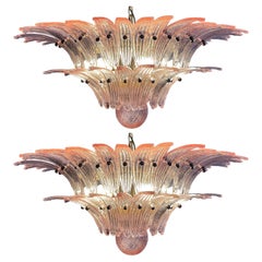 Pair Italian Pink Leaves Palmette Chandeliers, Murano