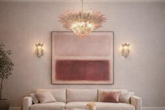 Pair Italian Pink Leaves Palmette Chandeliers, Murano