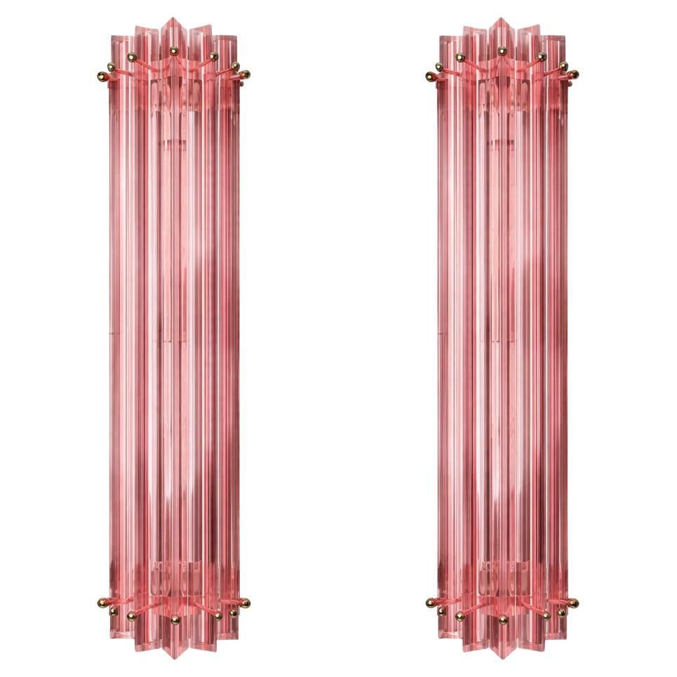 Pair Italian Pink Wall Sconces, Venini Style Murano, 1990s