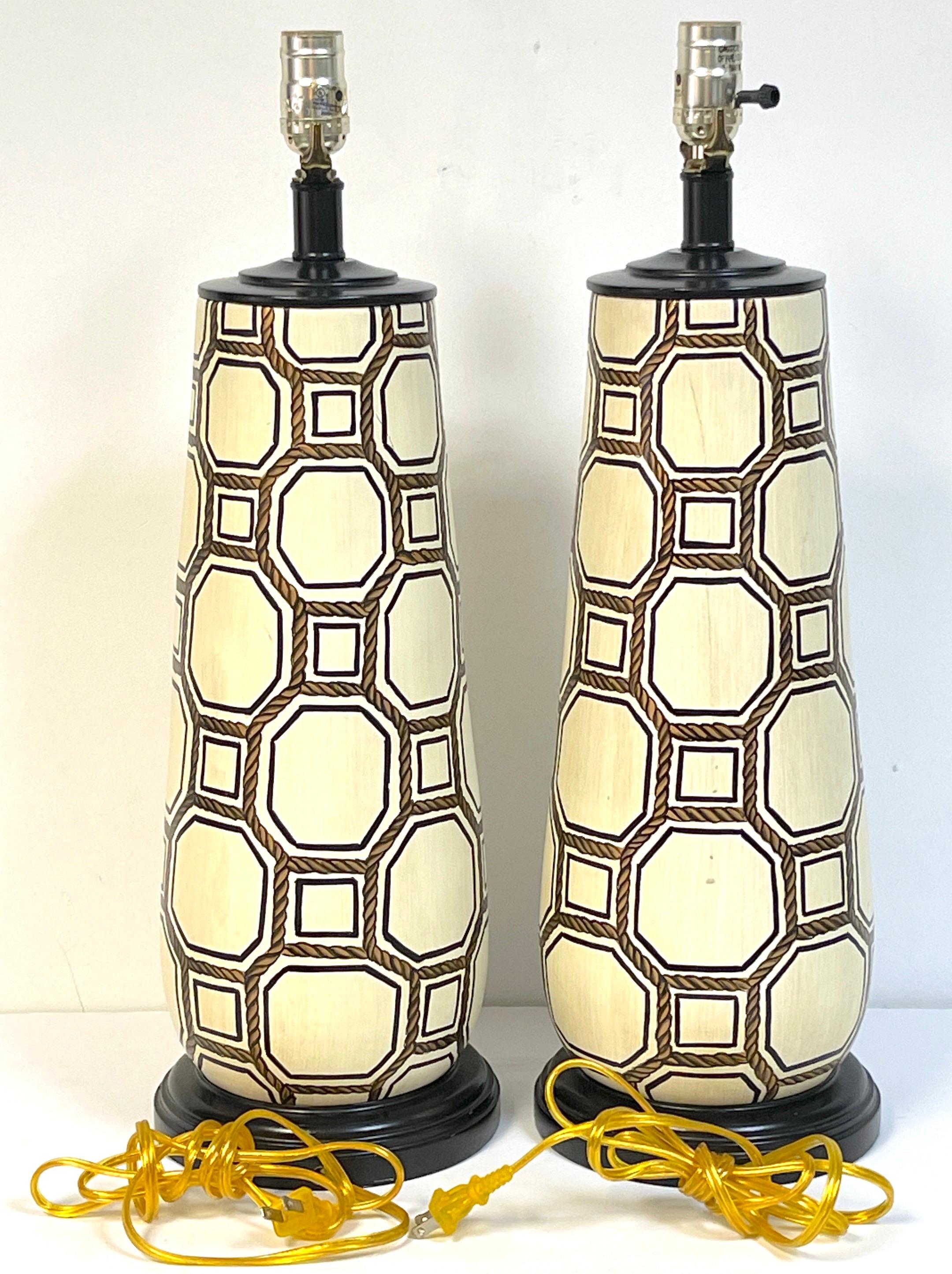 Modern Pair Italian Pottery Geometric Rope Vignette Lamps, Manner of Gio Ponti   For Sale