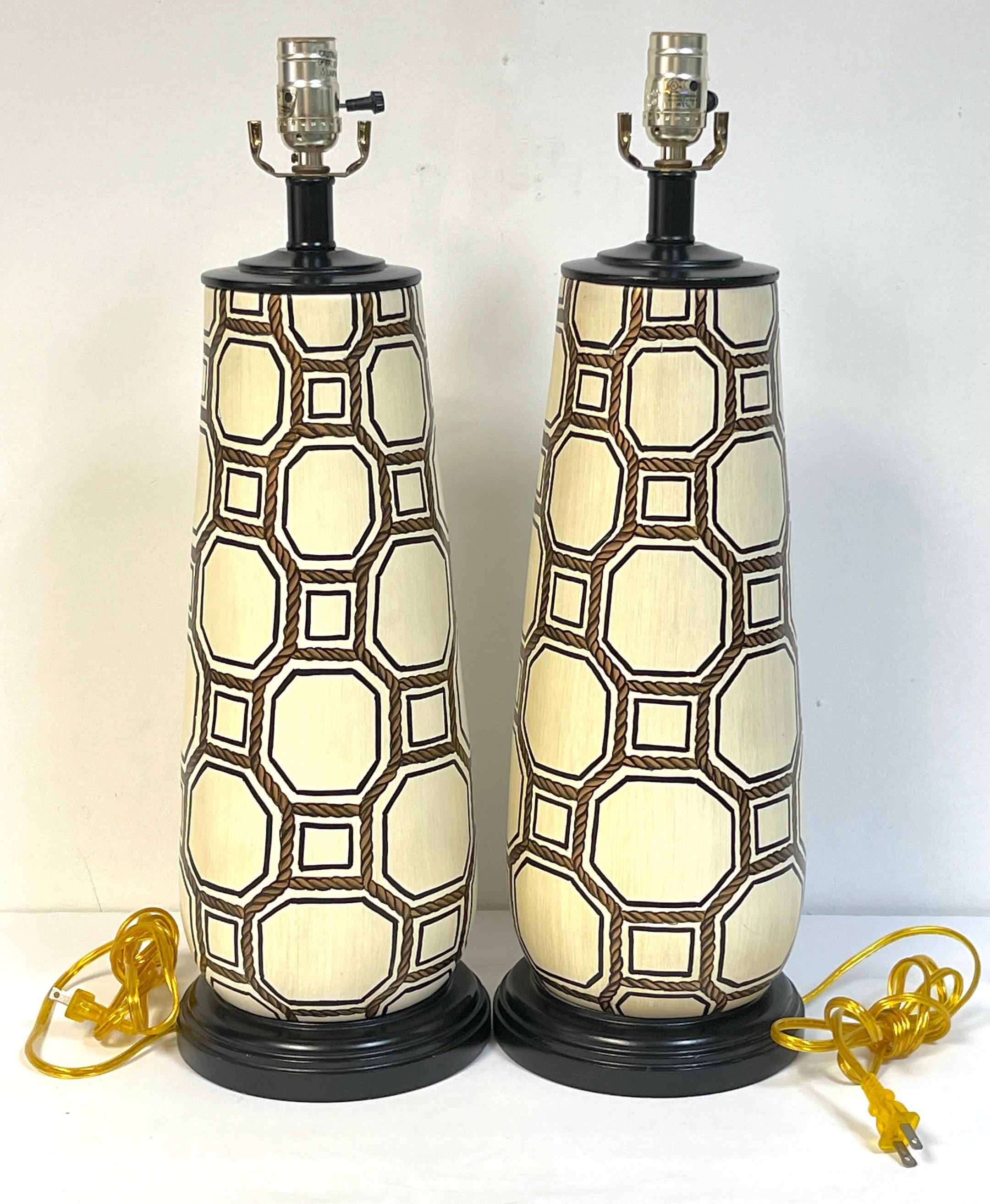Hand-Painted Pair Italian Pottery Geometric Rope Vignette Lamps, Manner of Gio Ponti   For Sale