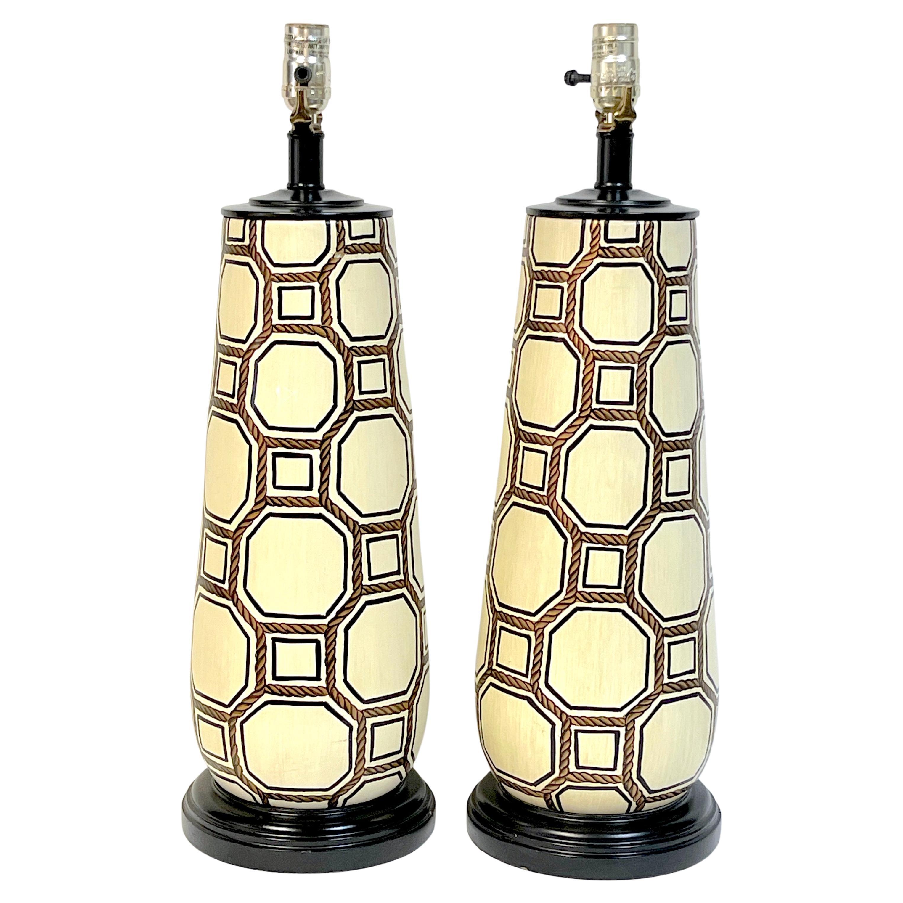 Pair Italian Pottery Geometric Rope Vignette Lamps, Manner of Gio Ponti  