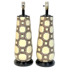 Pair Italian Pottery Geometric Rope Vignette Lamps, Manner of Gio Ponti  