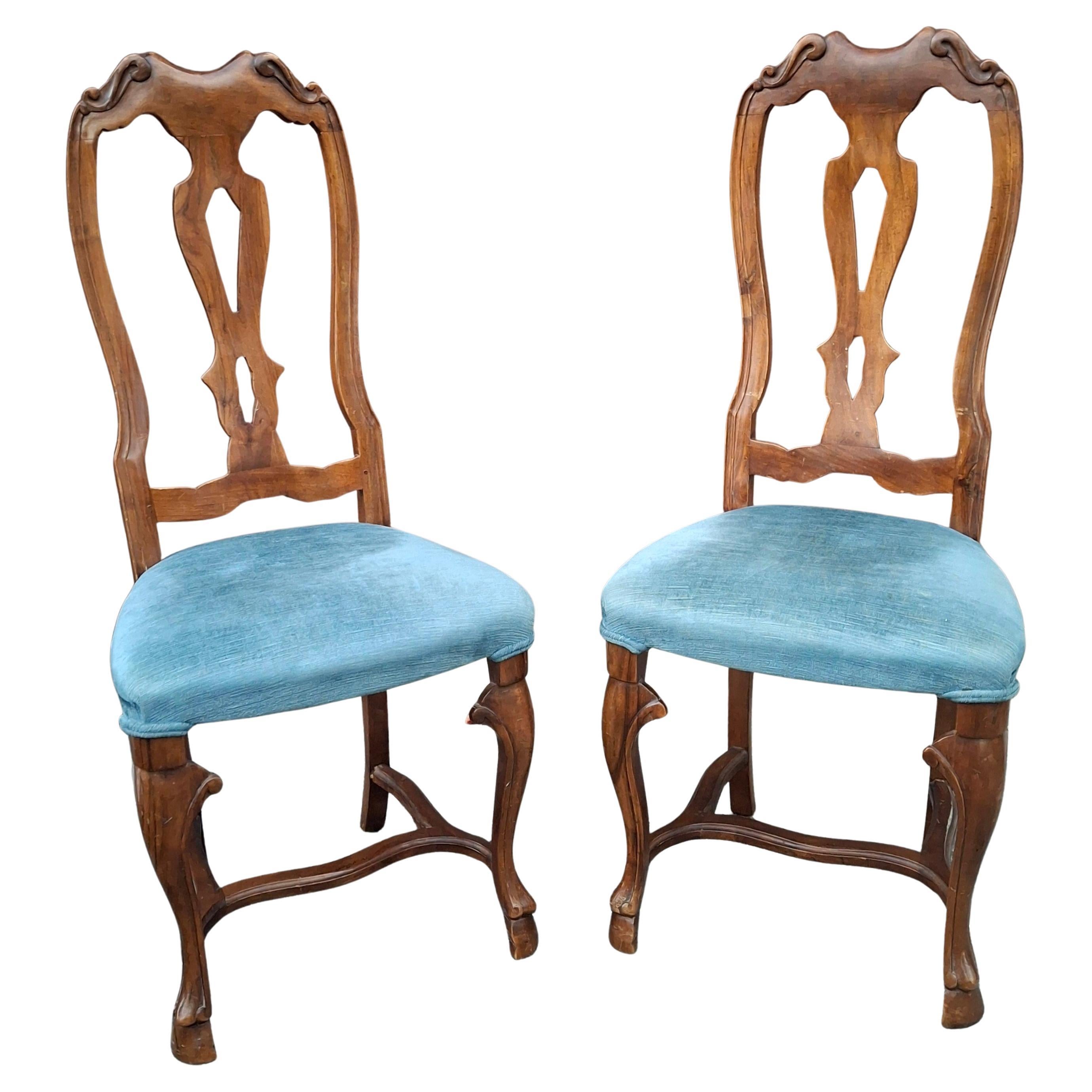 Pair Italian Provincial Style Carved Walnut and Upholstered Side Chairs