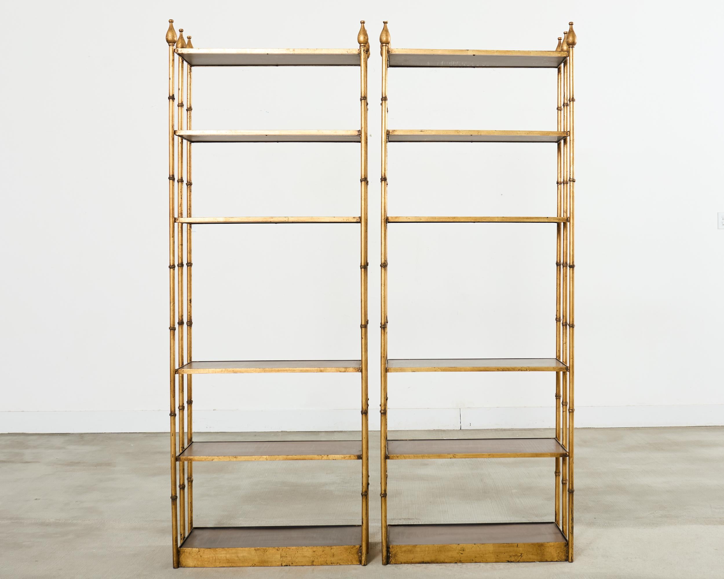 Hollywood Regency Pair Italian Regency Faux Bamboo Iron Etagere Shelves For Sale