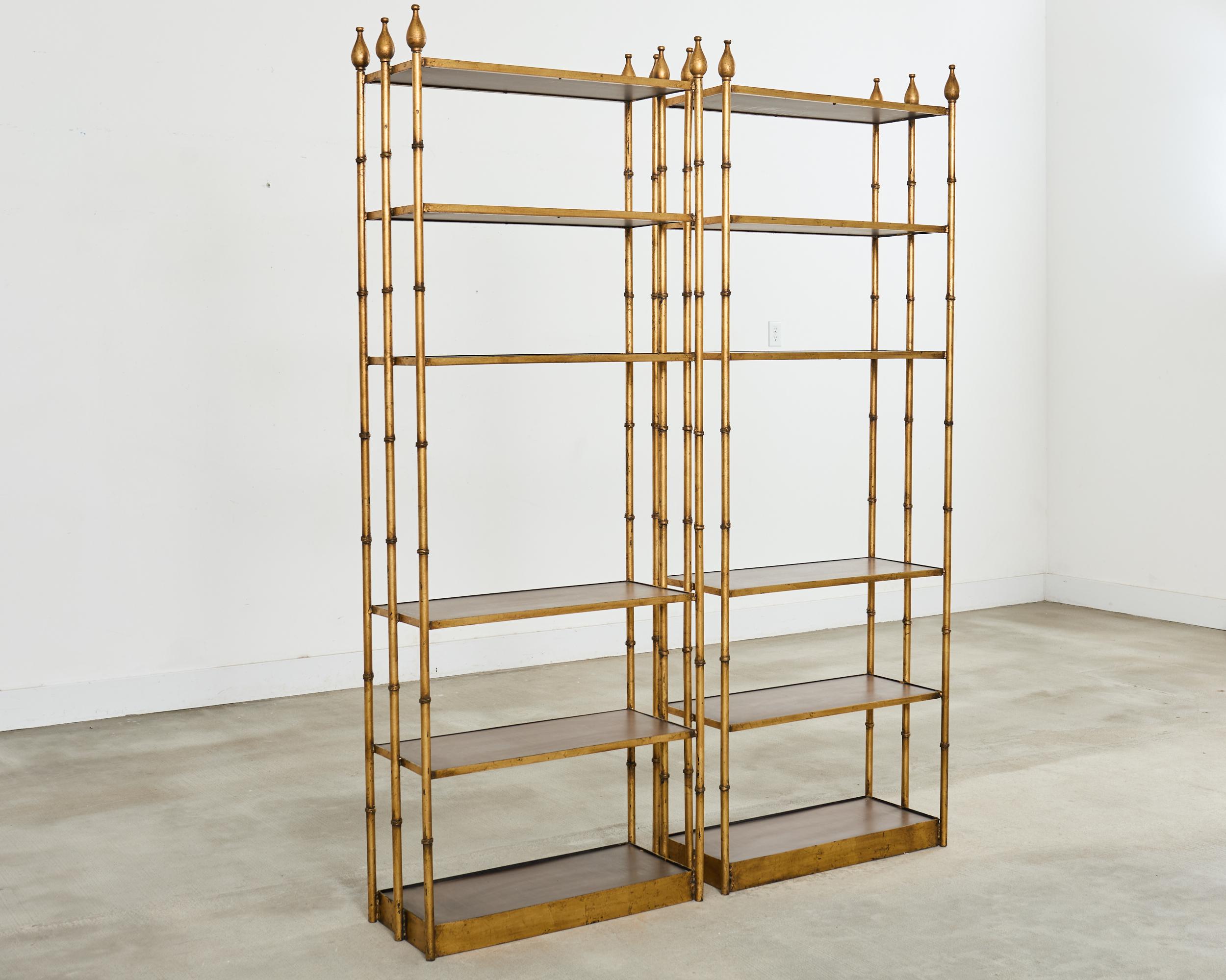 Hand-Crafted Pair Italian Regency Faux Bamboo Iron Etagere Shelves For Sale