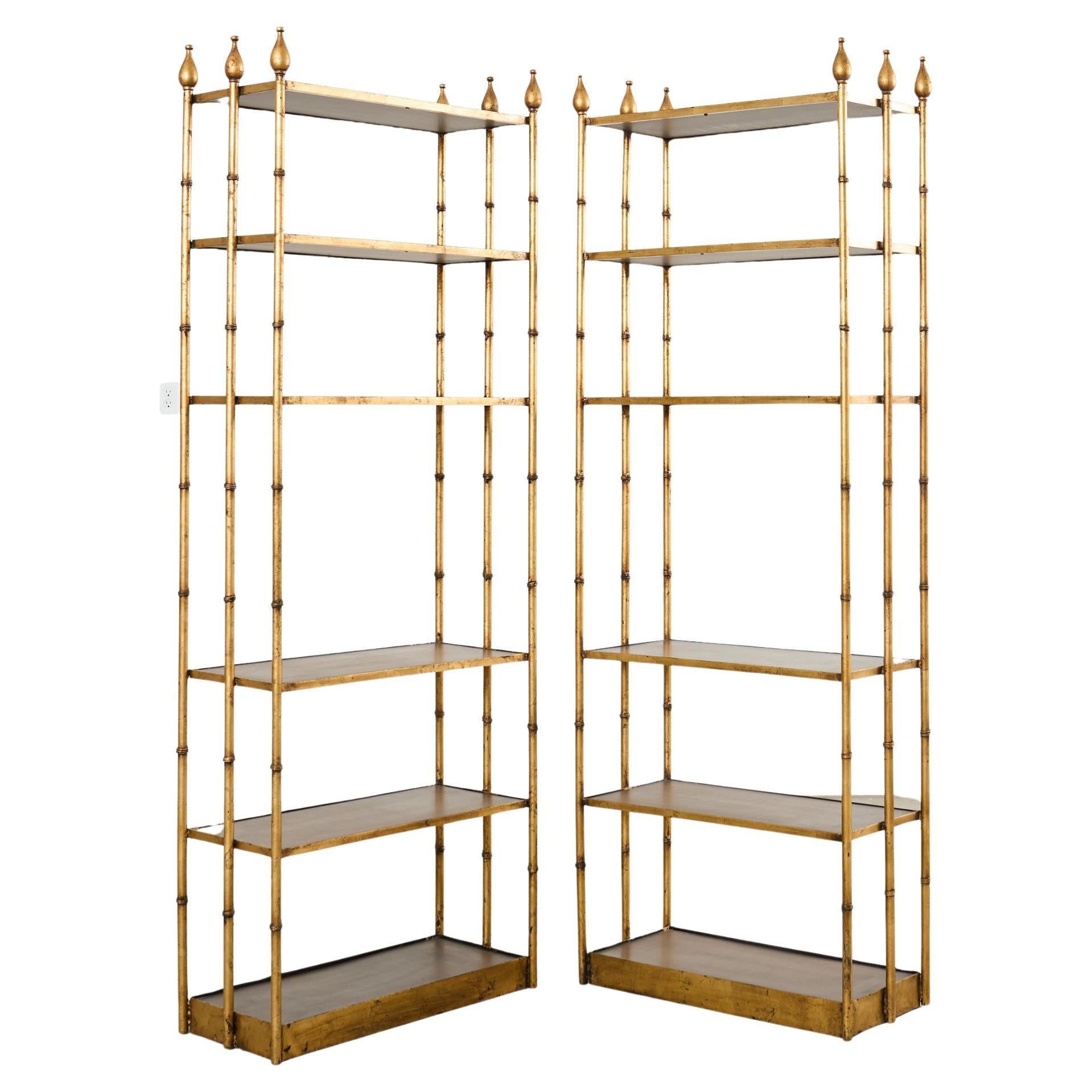Pair Italian Regency Faux Bamboo Iron Etagere Shelves For Sale