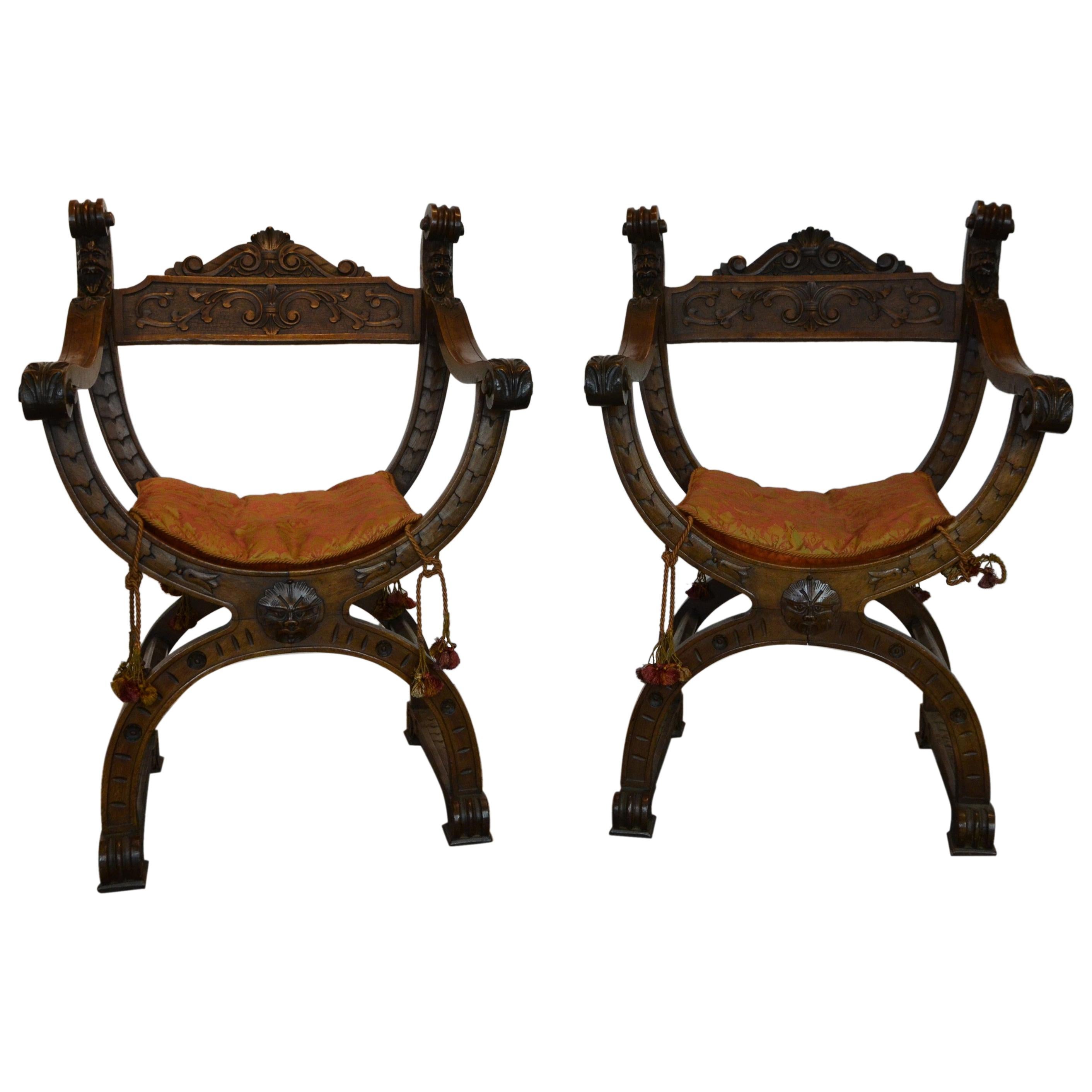 Pair of Italian Renaissance, Classical Revival "X" Chairs