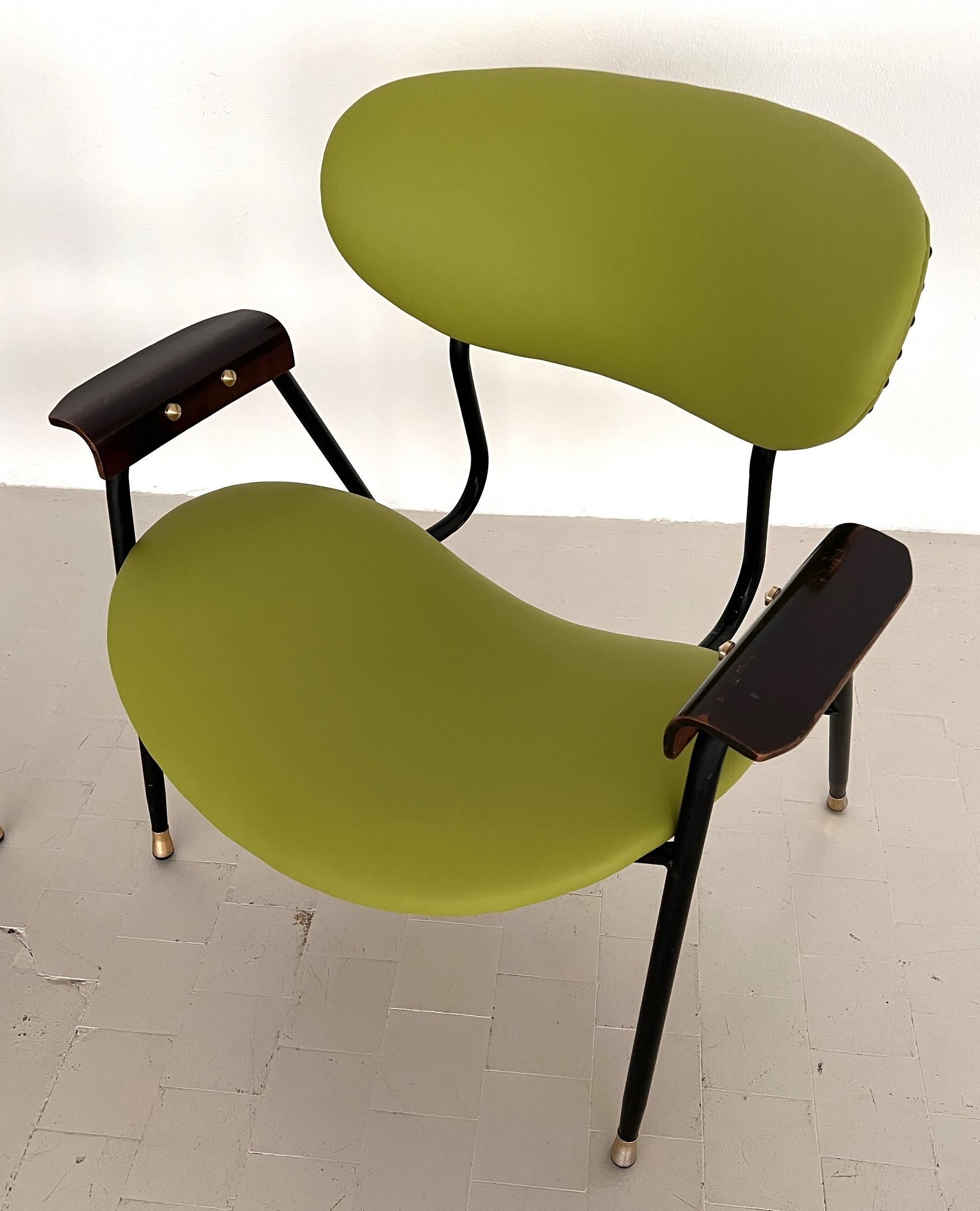 Metal Pair Italian Lounge Chairs by Gastone Rinaldi, 1960s, Reupholstered Set of two For Sale
