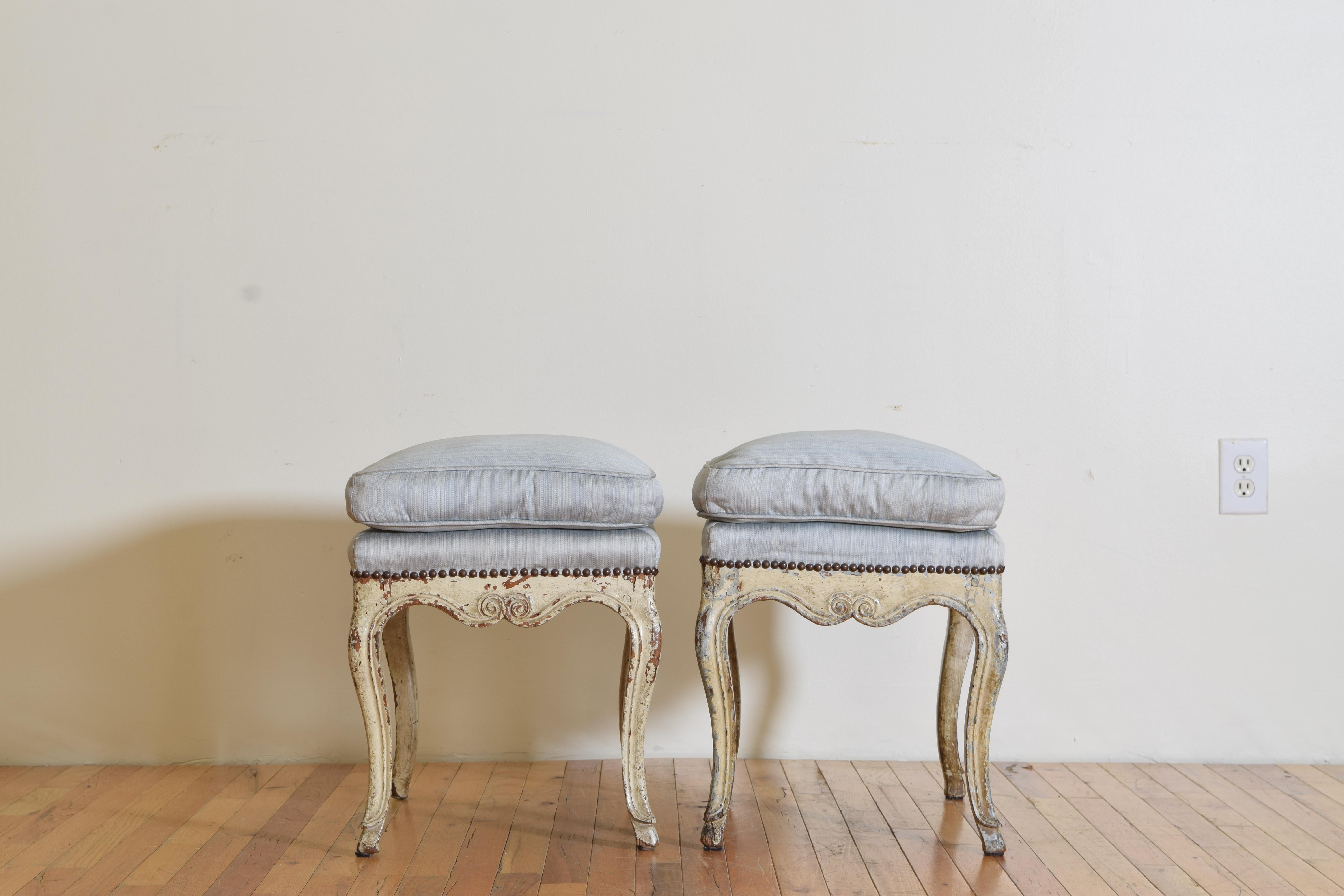 18th Century Pair Italian Rococo Carved & Painted Upholstered Benches, mid 18th century