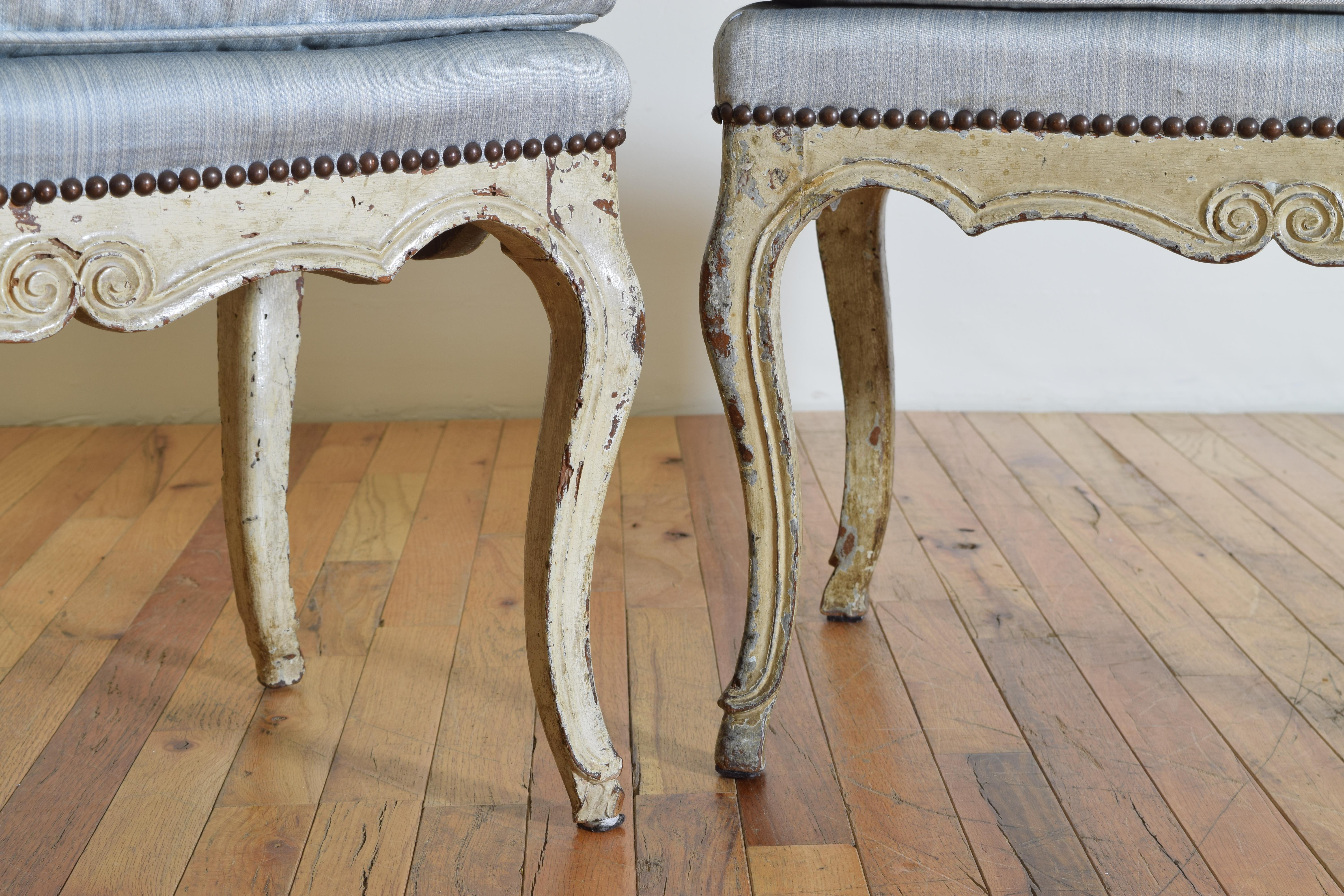Pair Italian Rococo Carved & Painted Upholstered Benches, mid 18th century 1