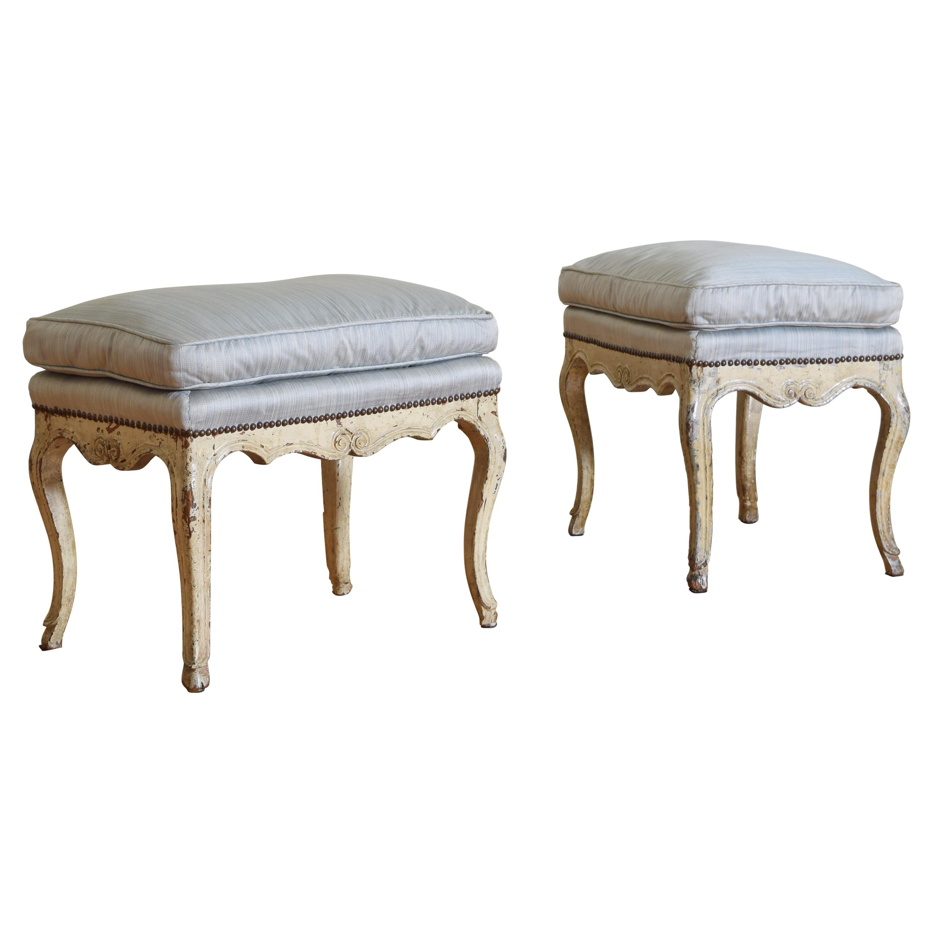 Pair Italian Rococo Carved 
Painted Upholstered Benches, mid 18th century