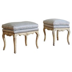 Pair Italian Rococo Carved & Painted Upholstered Benches, mid 18th century