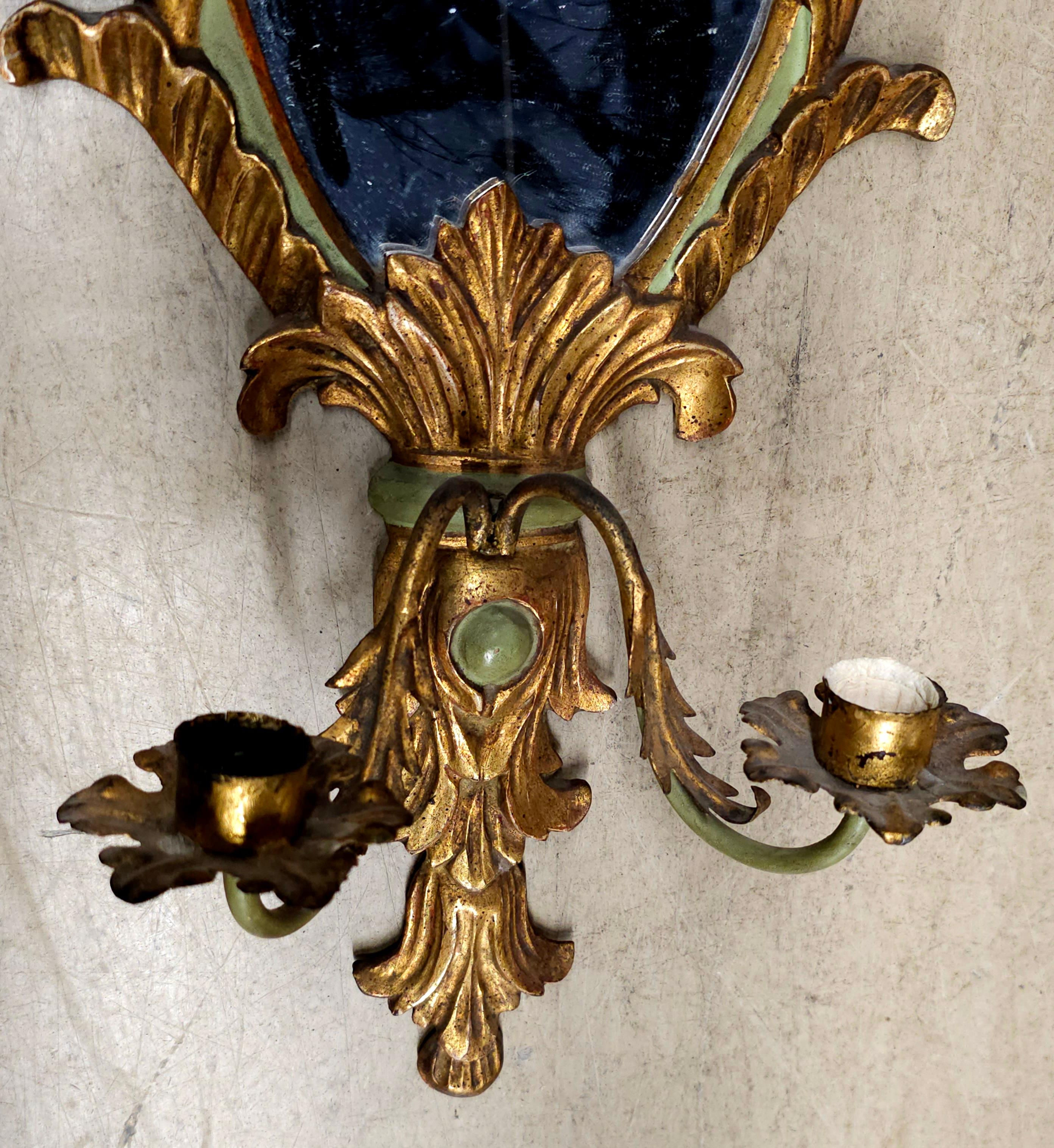 Pair Italian Rococo Gilt Gesso and Parcel Green Painted 2-Light Mirrored Sconces For Sale 8