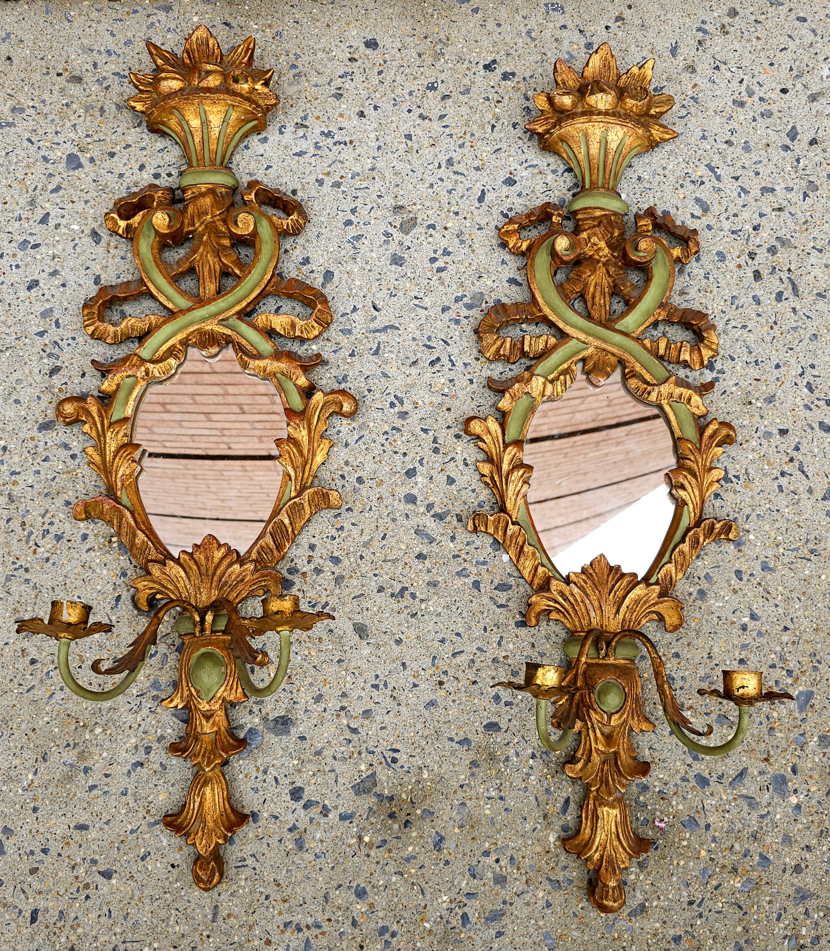 Pair Italian Rococo Gilt Gesso and Parcel Green Painted 2-Light Mirrored Sconces For Sale 11