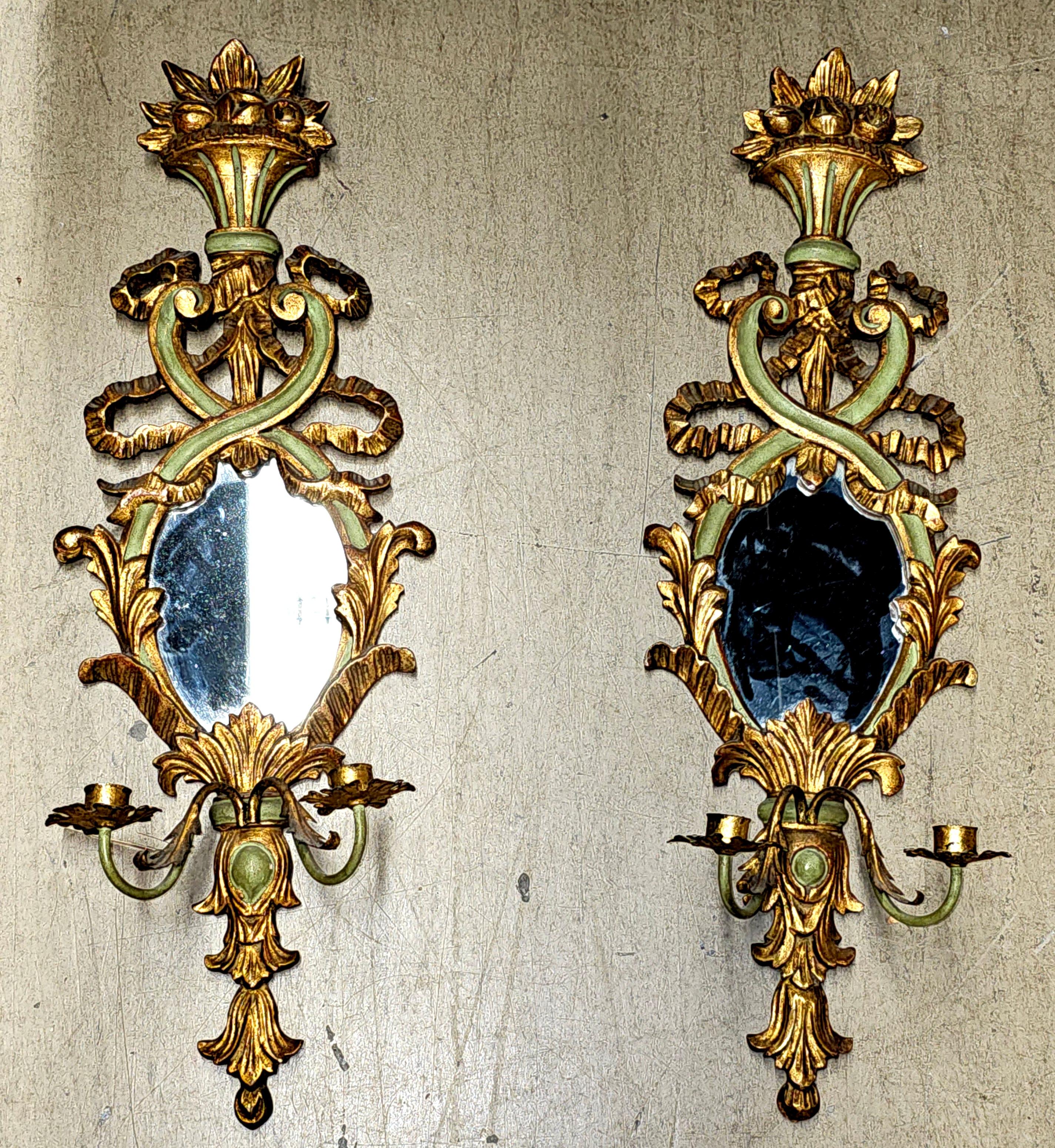 Rococo Revival Pair Italian Rococo Gilt Gesso and Parcel Green Painted 2-Light Mirrored Sconces For Sale