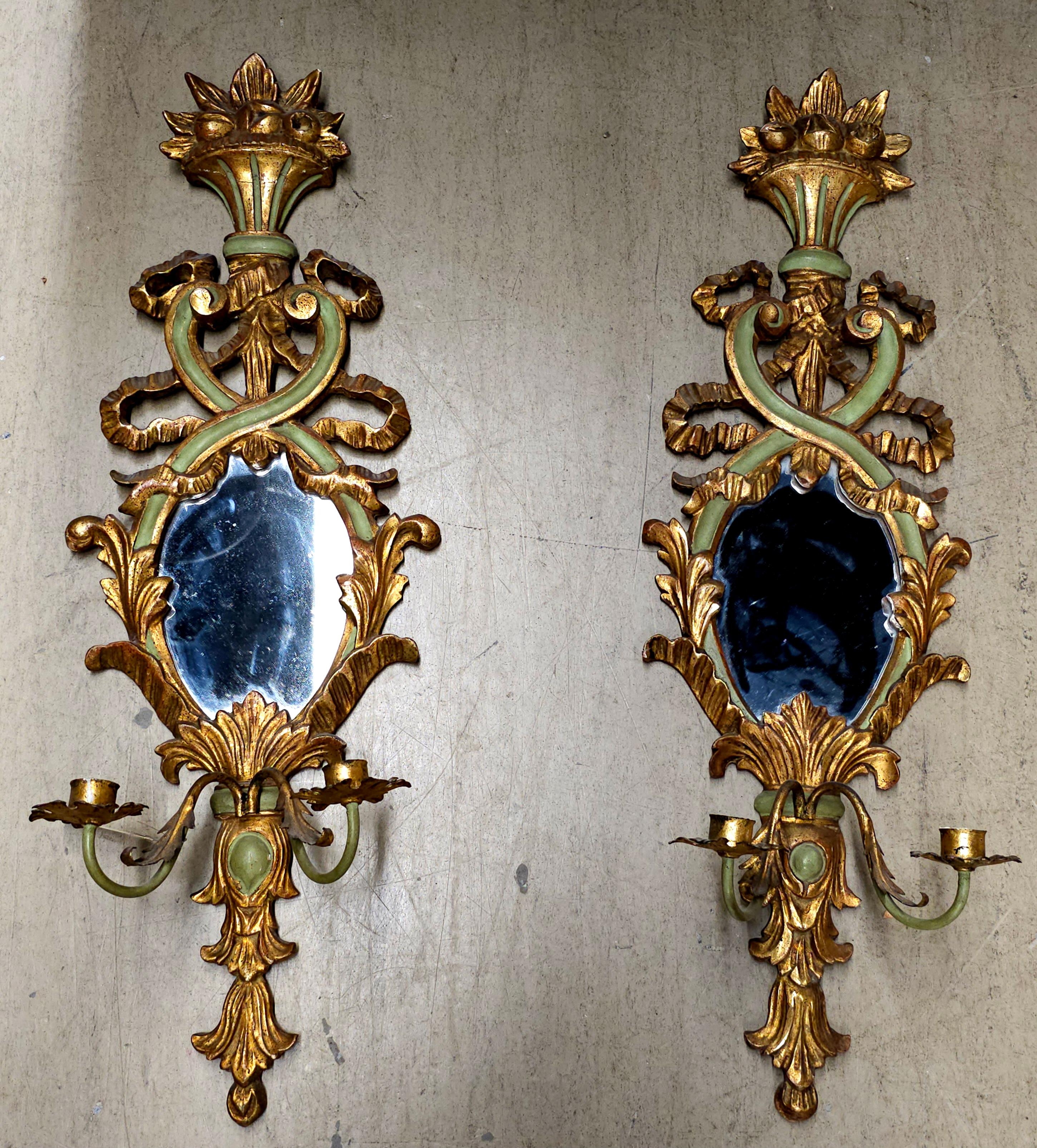 20th Century Pair Italian Rococo Gilt Gesso and Parcel Green Painted 2-Light Mirrored Sconces For Sale