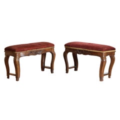 Antique Pair Italian Rococo Period Carved & Shaped Walnut Upholstered Benches, mid 18thc