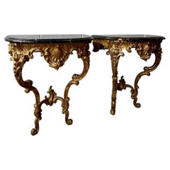 Pair Italian Rococo Revival Giltwood Wall Consoles with Black Marble Tops