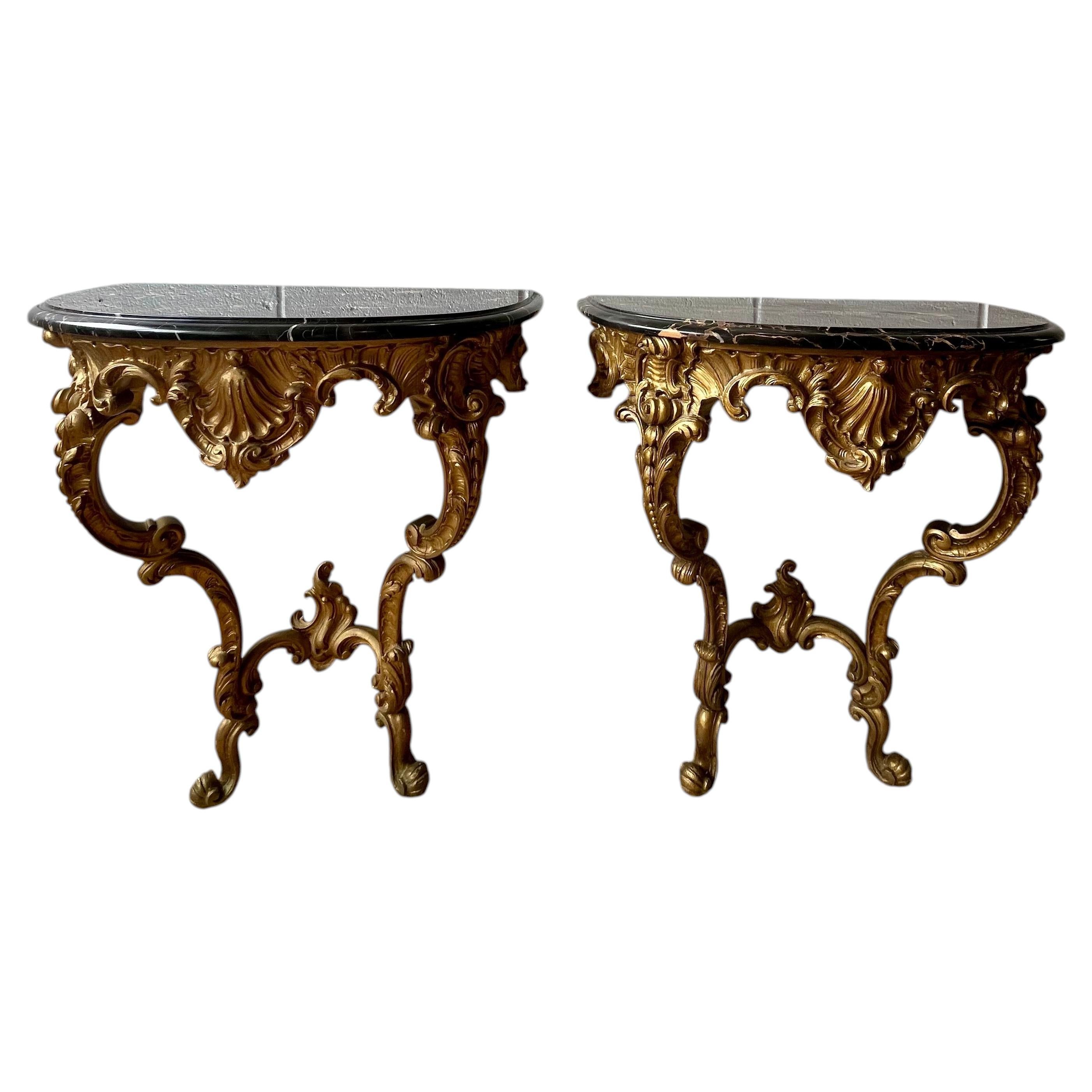 Pair Italian Rococo Revival Giltwood Wall Consoles with Black Marble Tops