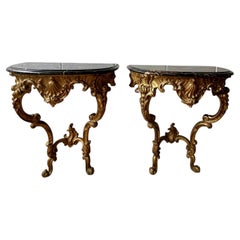 Pair Italian Rococo Revival Giltwood Wall Consoles with Black Marble Tops