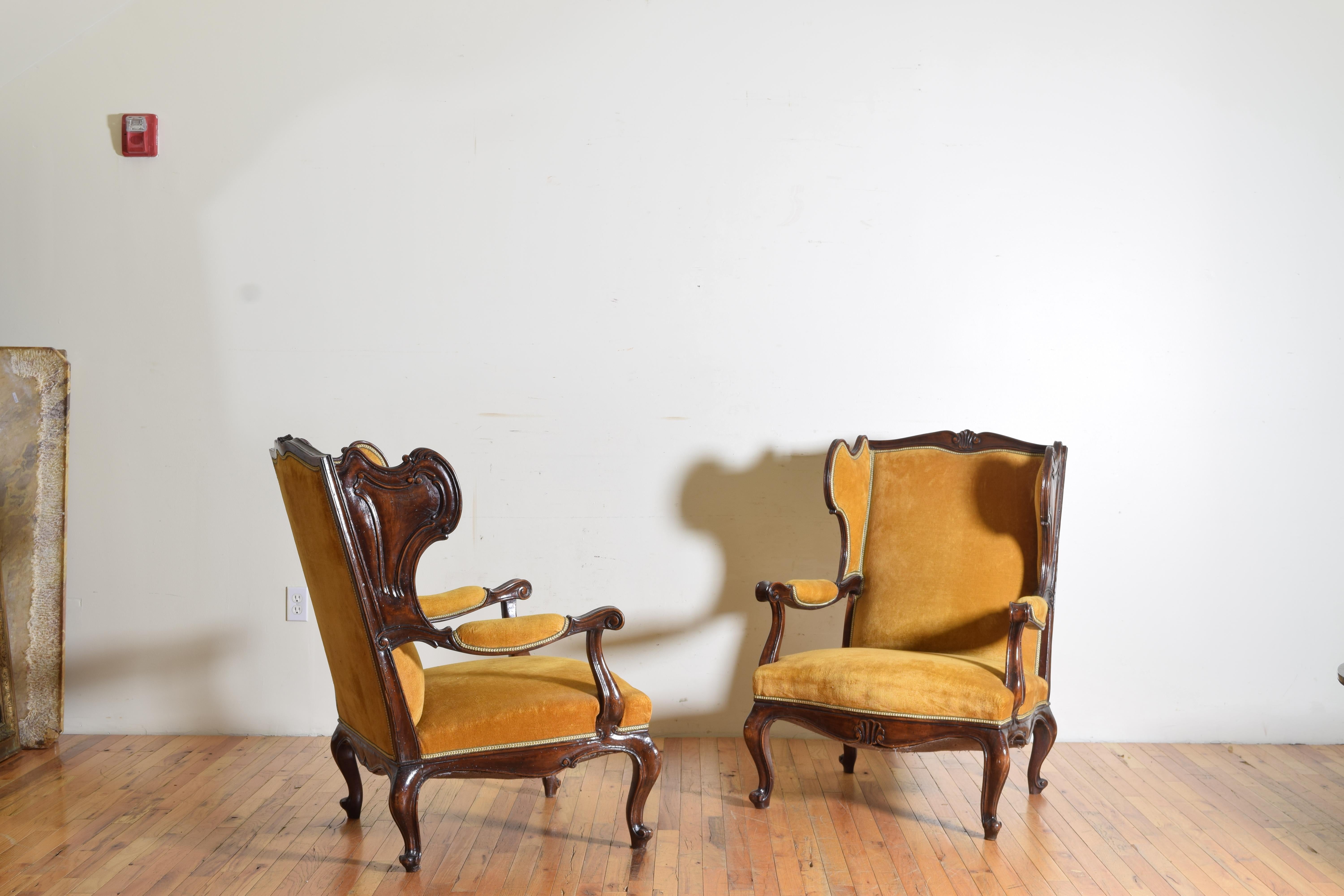 Pair of Italian Rococo Revival Style Walnut and Upholstered Wingchairs In Excellent Condition In Atlanta, GA