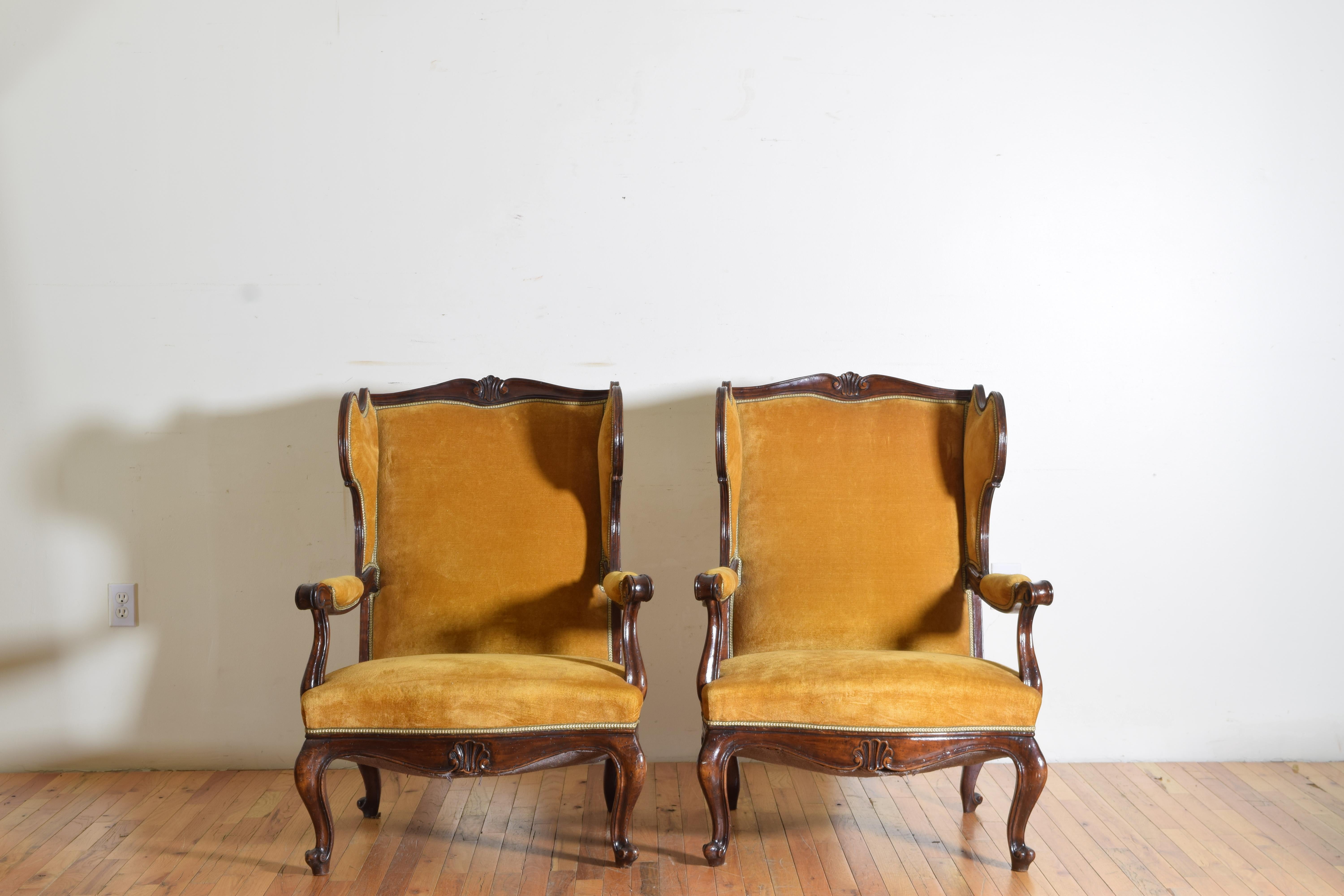 Pair of Italian Rococo Revival Style Walnut and Upholstered Wingchairs 1