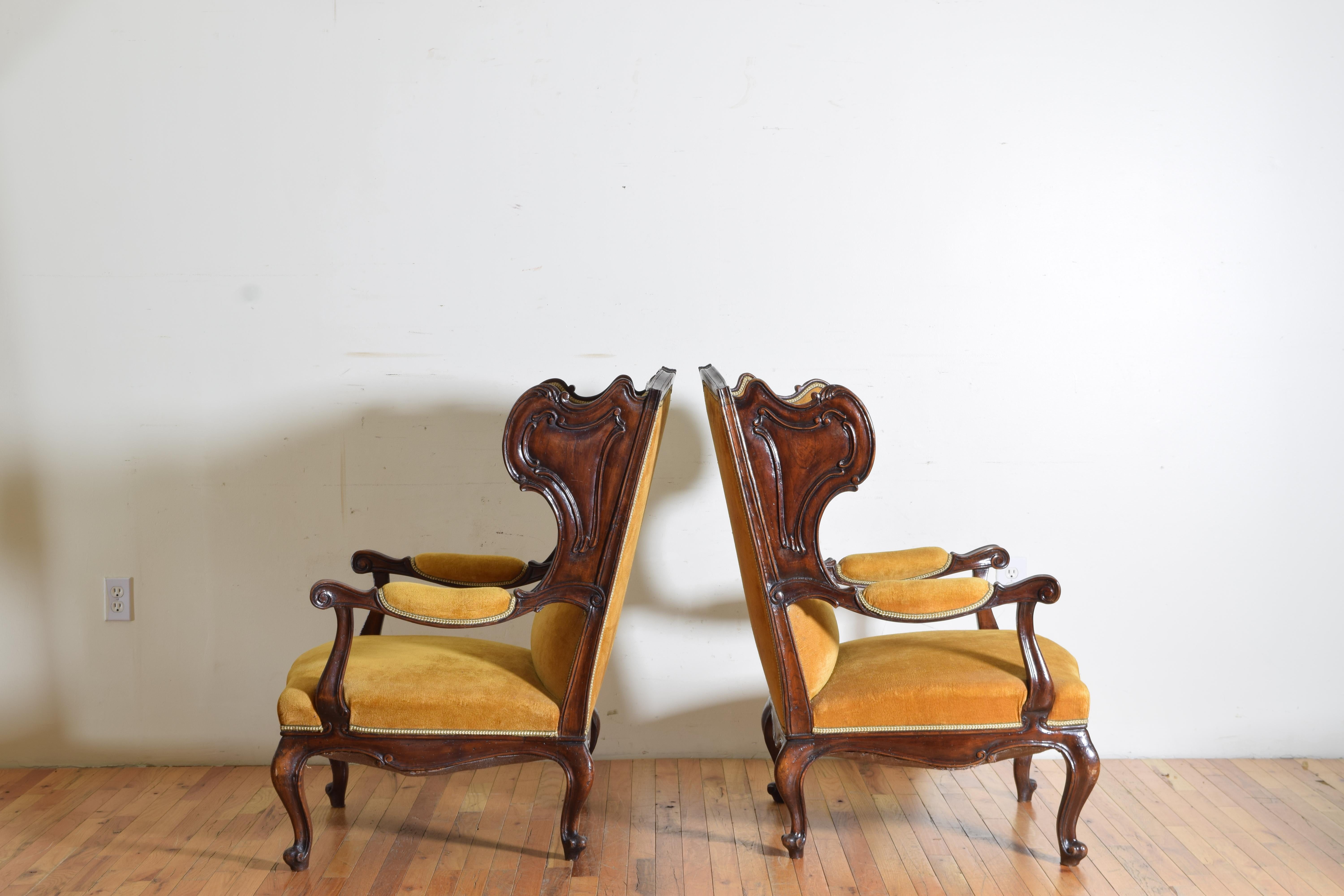 Pair of Italian Rococo Revival Style Walnut and Upholstered Wingchairs 2