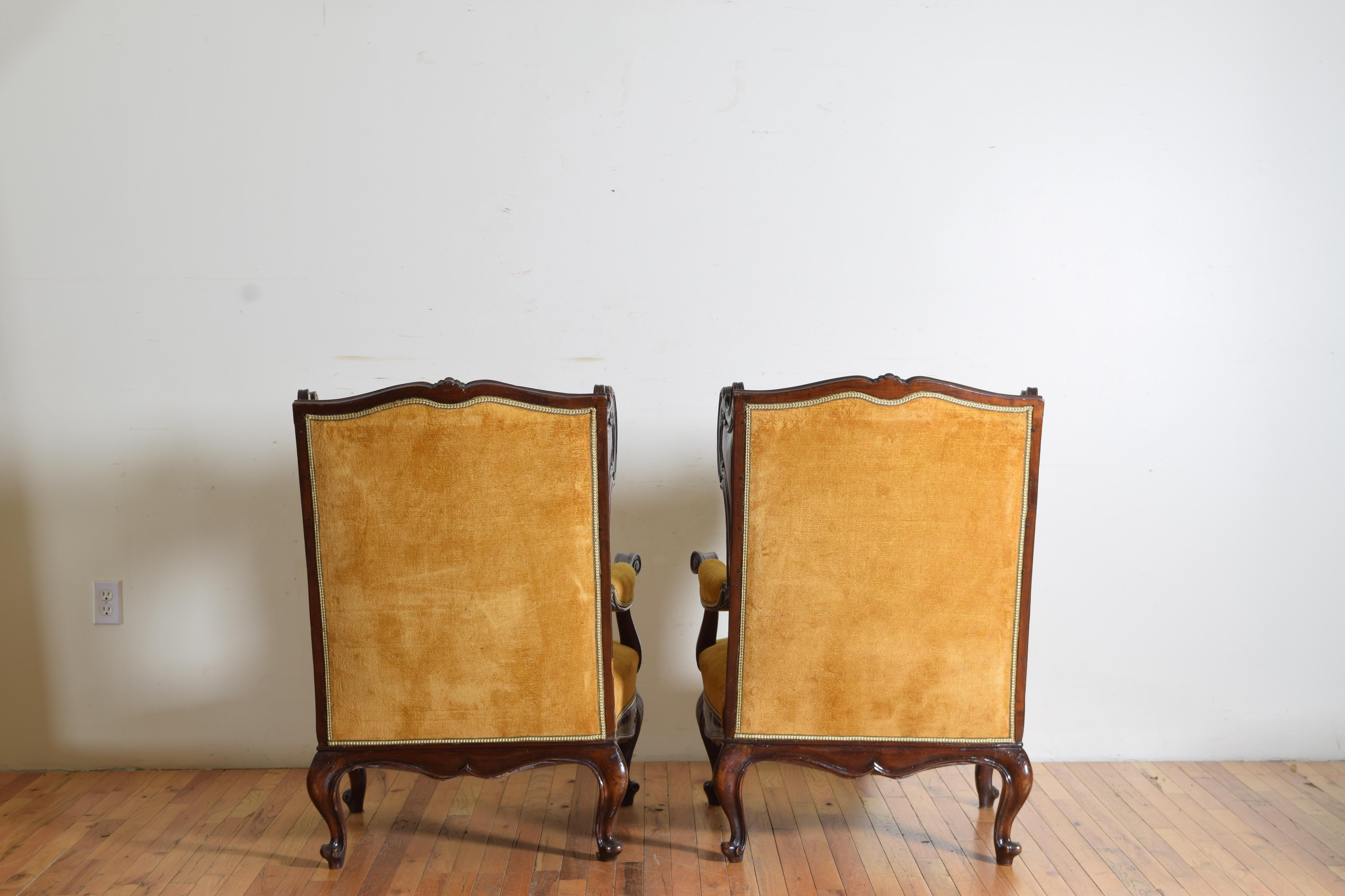 Pair of Italian Rococo Revival Style Walnut and Upholstered Wingchairs 3