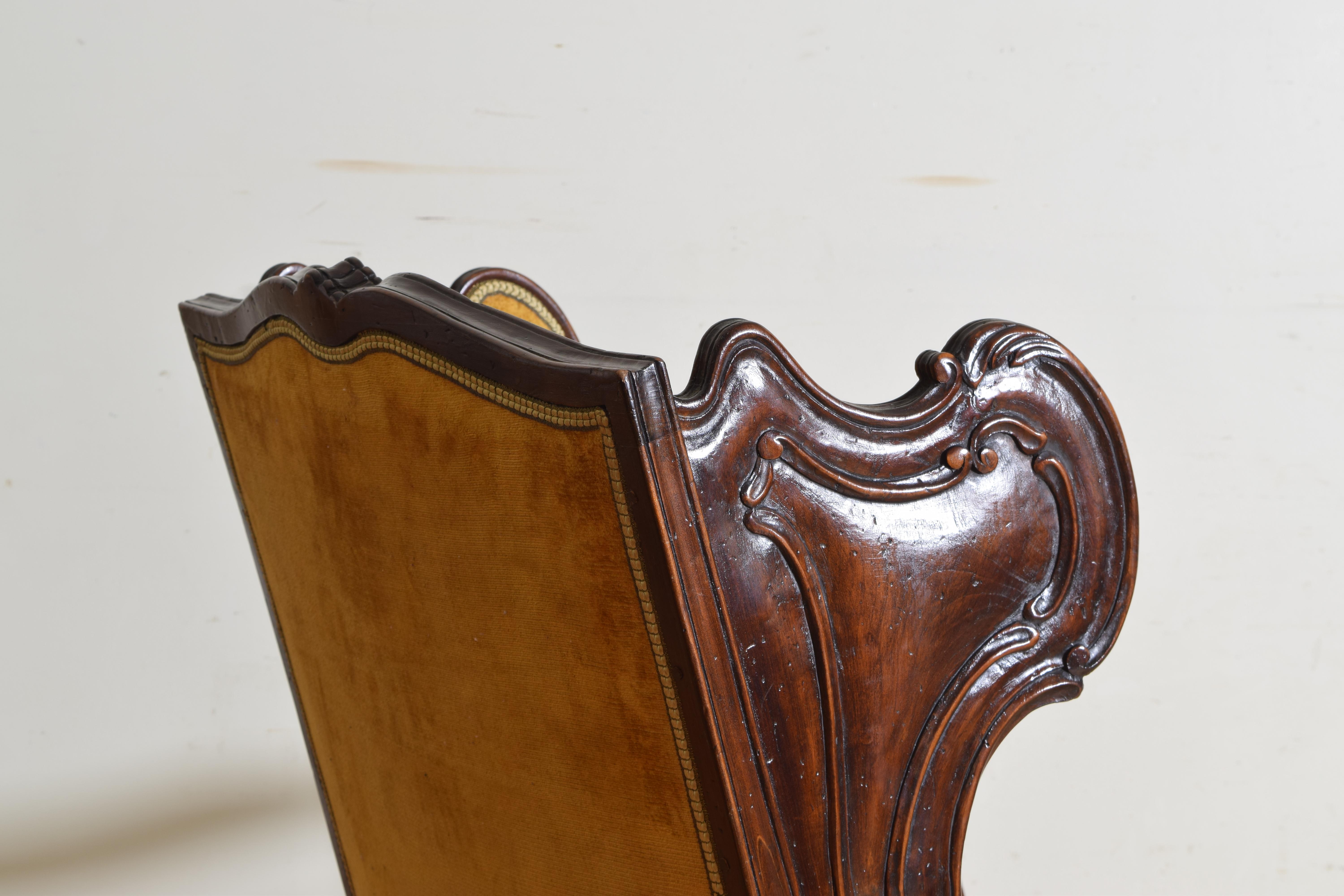 Pair of Italian Rococo Revival Style Walnut and Upholstered Wingchairs 4
