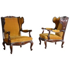 Vintage Pair of Italian Rococo Revival Style Walnut and Upholstered Wingchairs