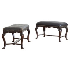 Pair Italian Rococo Shaped Walnut & Upholstered Benches, mid 18th century