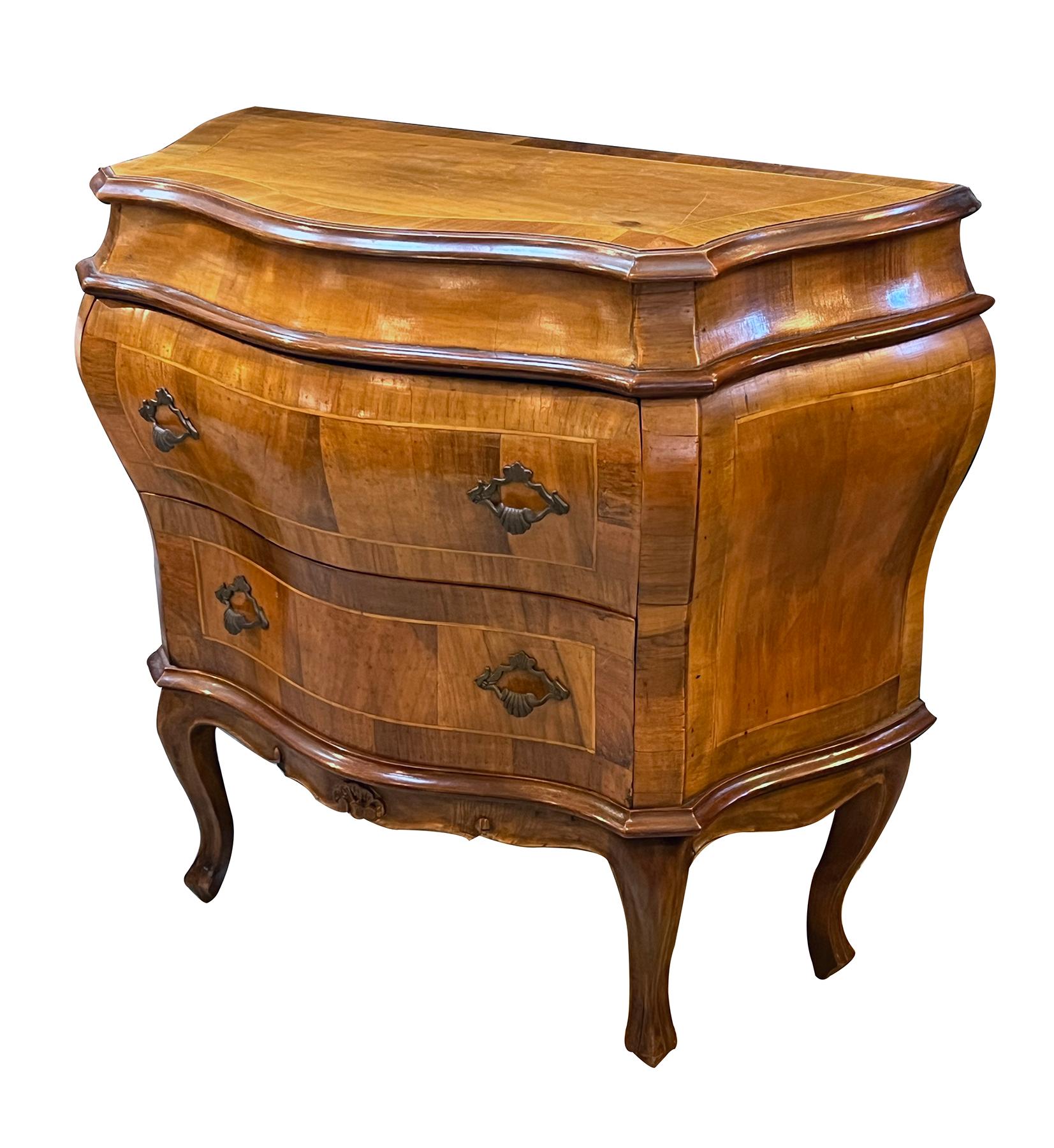 Carved Pair Italian Rococo Style Bombe-form Two-Drawer Olivewood Chests/Nightstands For Sale