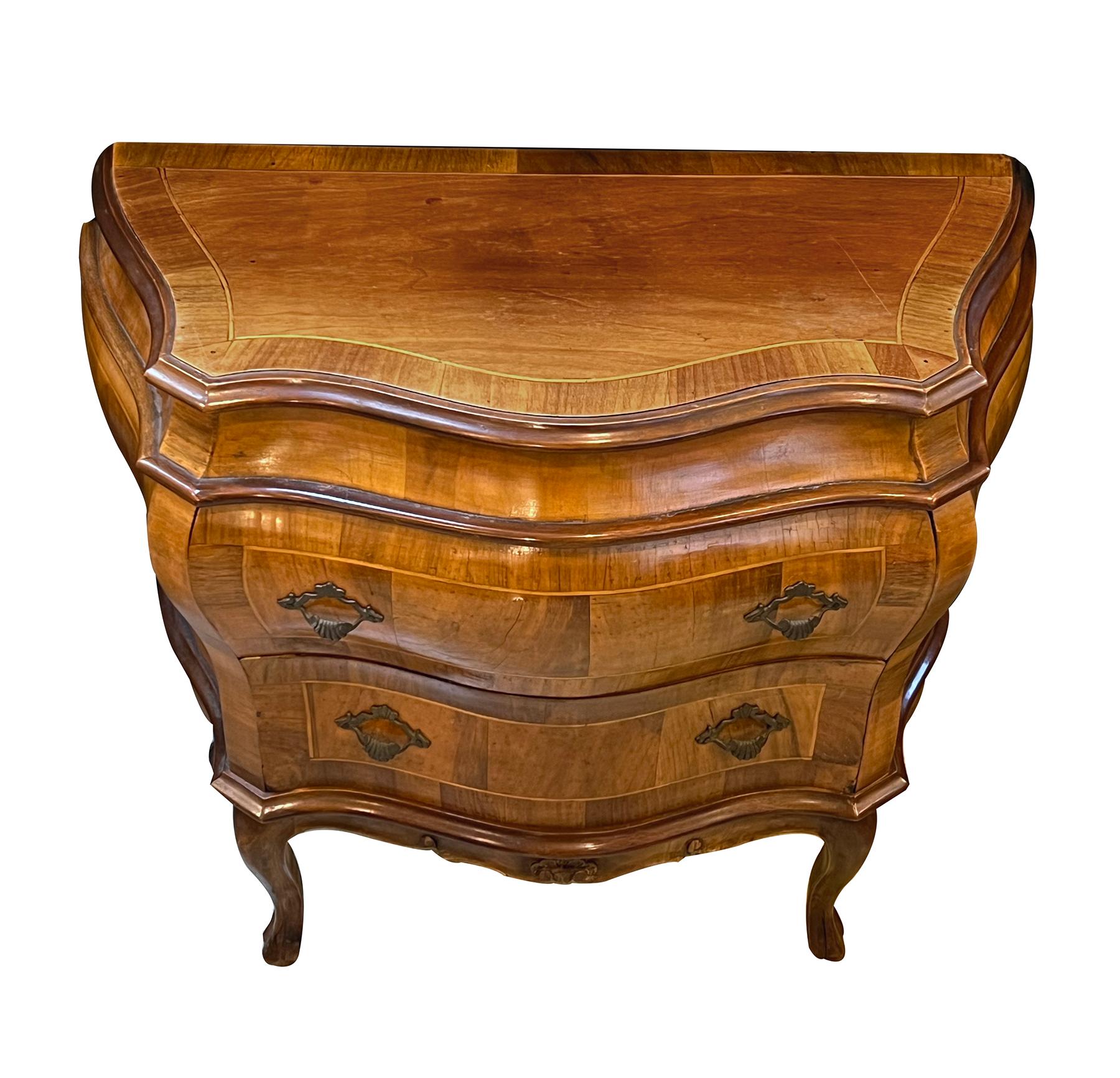 Pair Italian Rococo Style Bombe-form Two-Drawer Olivewood Chests/Nightstands In Good Condition For Sale In San Francisco, CA