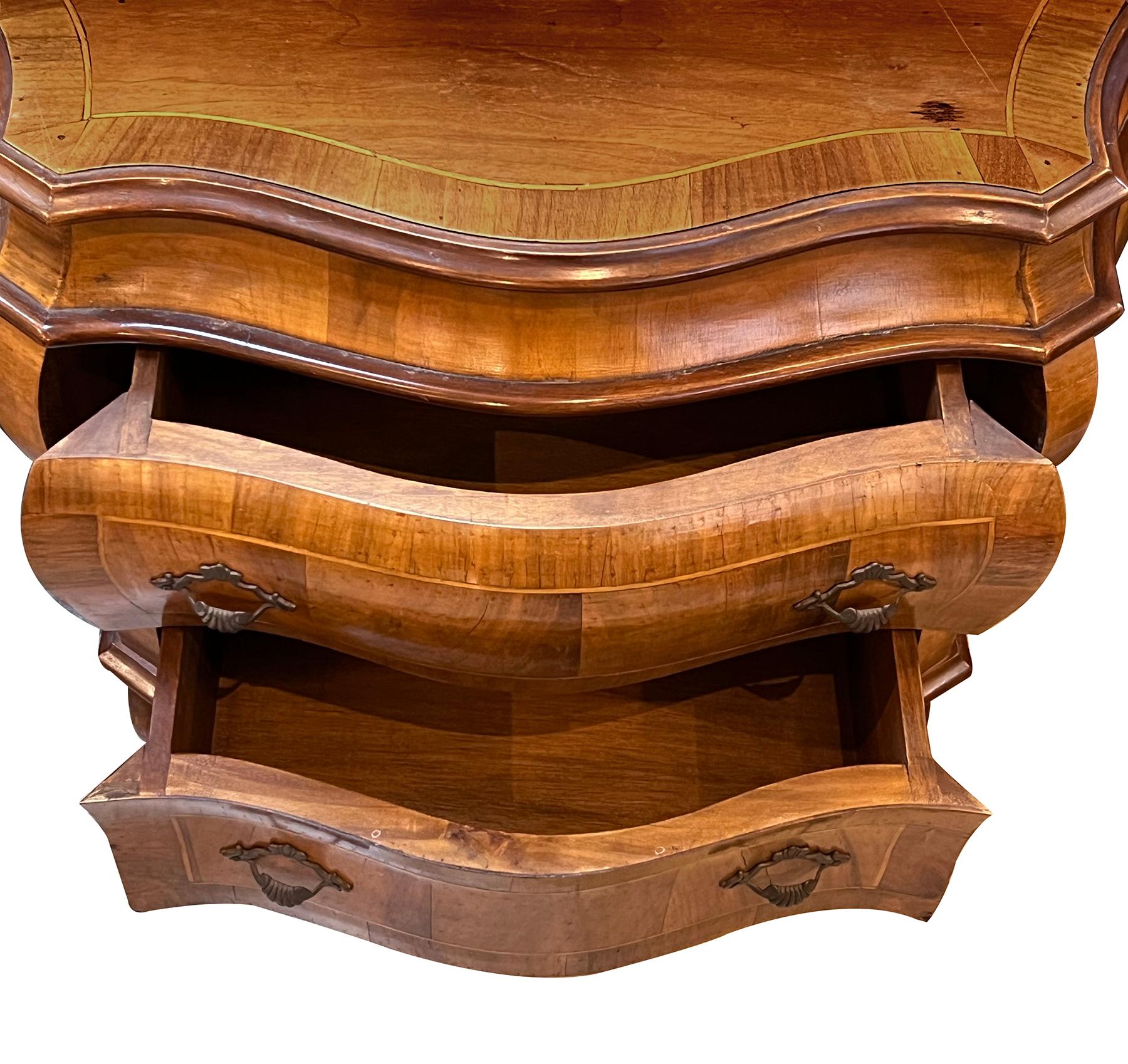 Mid-20th Century Pair Italian Rococo Style Bombe-form Two-Drawer Olivewood Chests/Nightstands For Sale